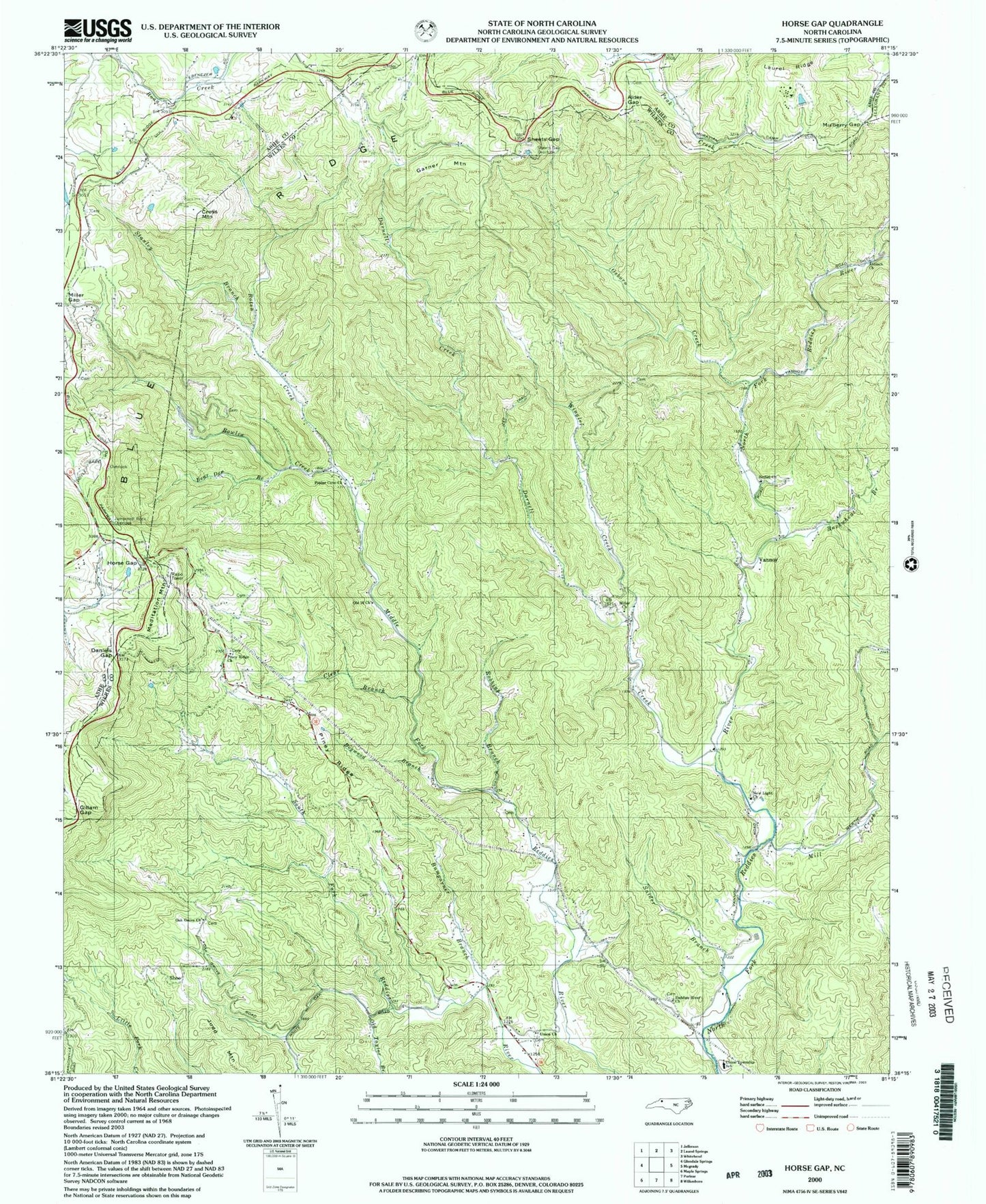 Classic USGS Horse Gap North Carolina 7.5'x7.5' Topo Map Image