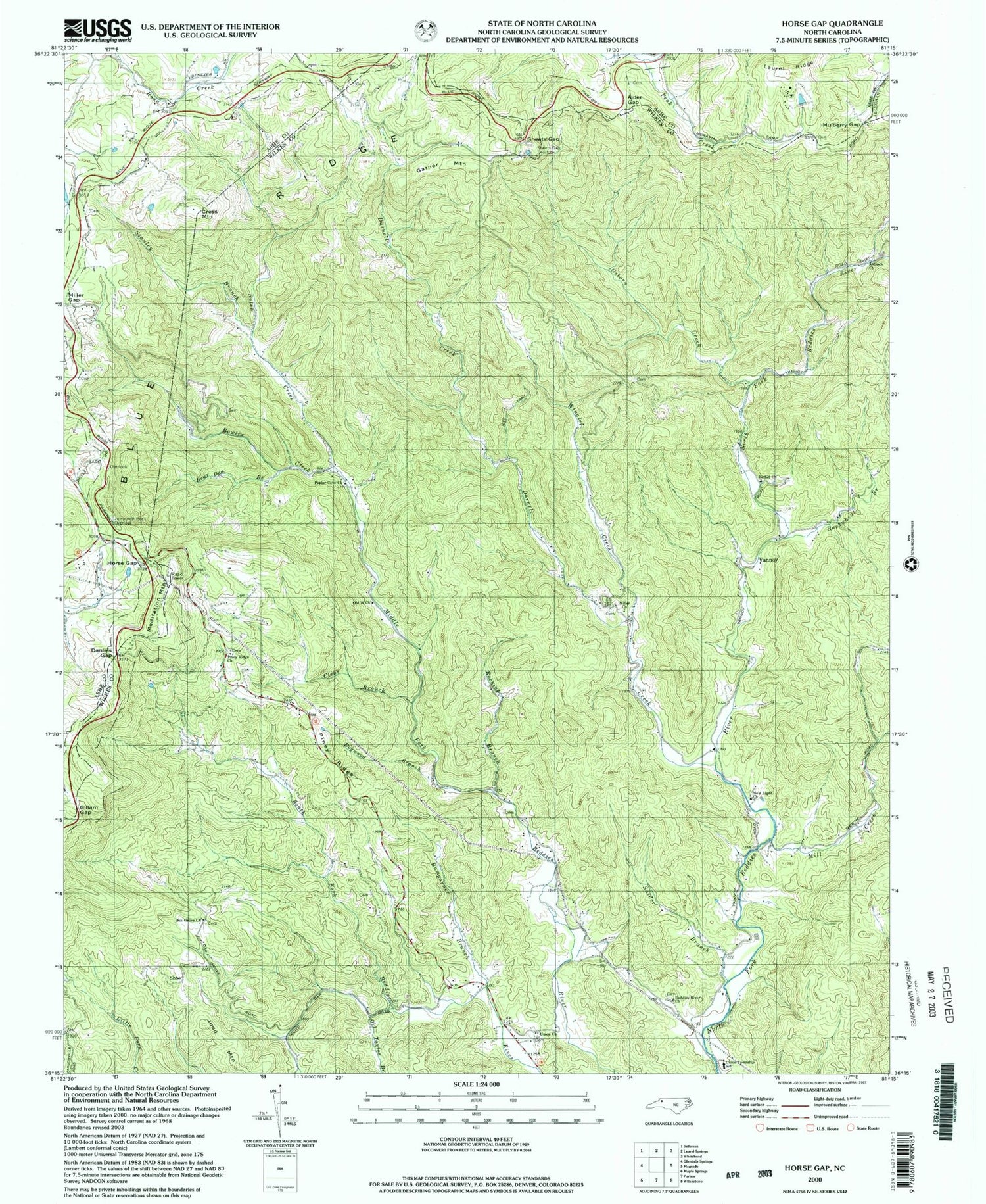 Classic USGS Horse Gap North Carolina 7.5'x7.5' Topo Map Image