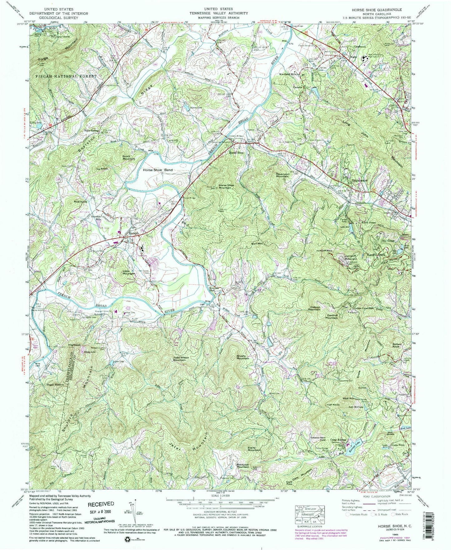 Classic USGS Horse Shoe North Carolina 7.5'x7.5' Topo Map Image