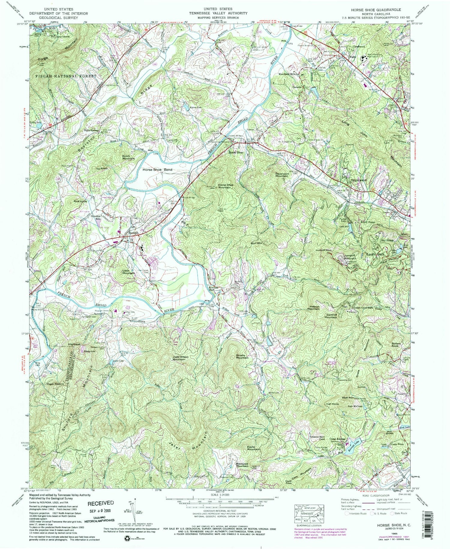 Classic USGS Horse Shoe North Carolina 7.5'x7.5' Topo Map Image