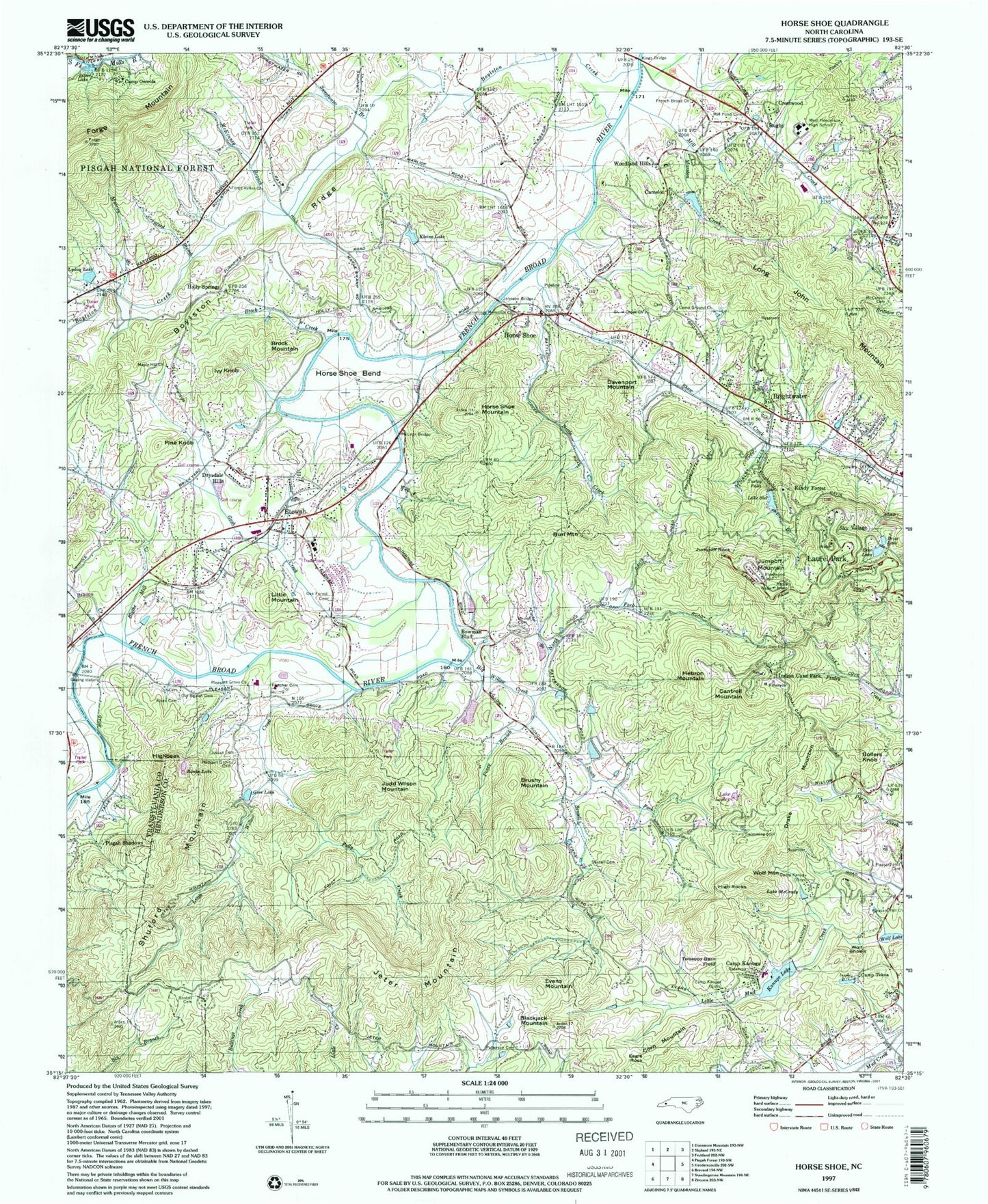 Classic USGS Horse Shoe North Carolina 7.5'x7.5' Topo Map Image
