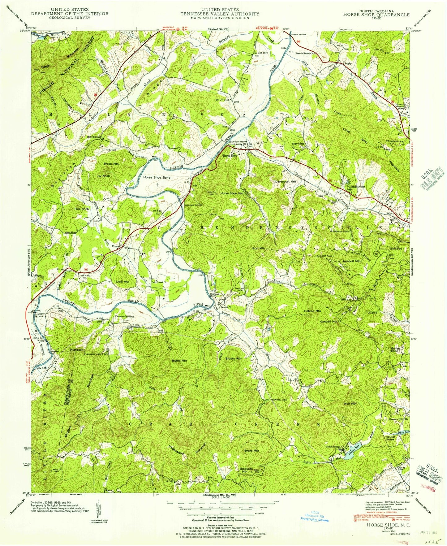 Classic USGS Horse Shoe North Carolina 7.5'x7.5' Topo Map Image