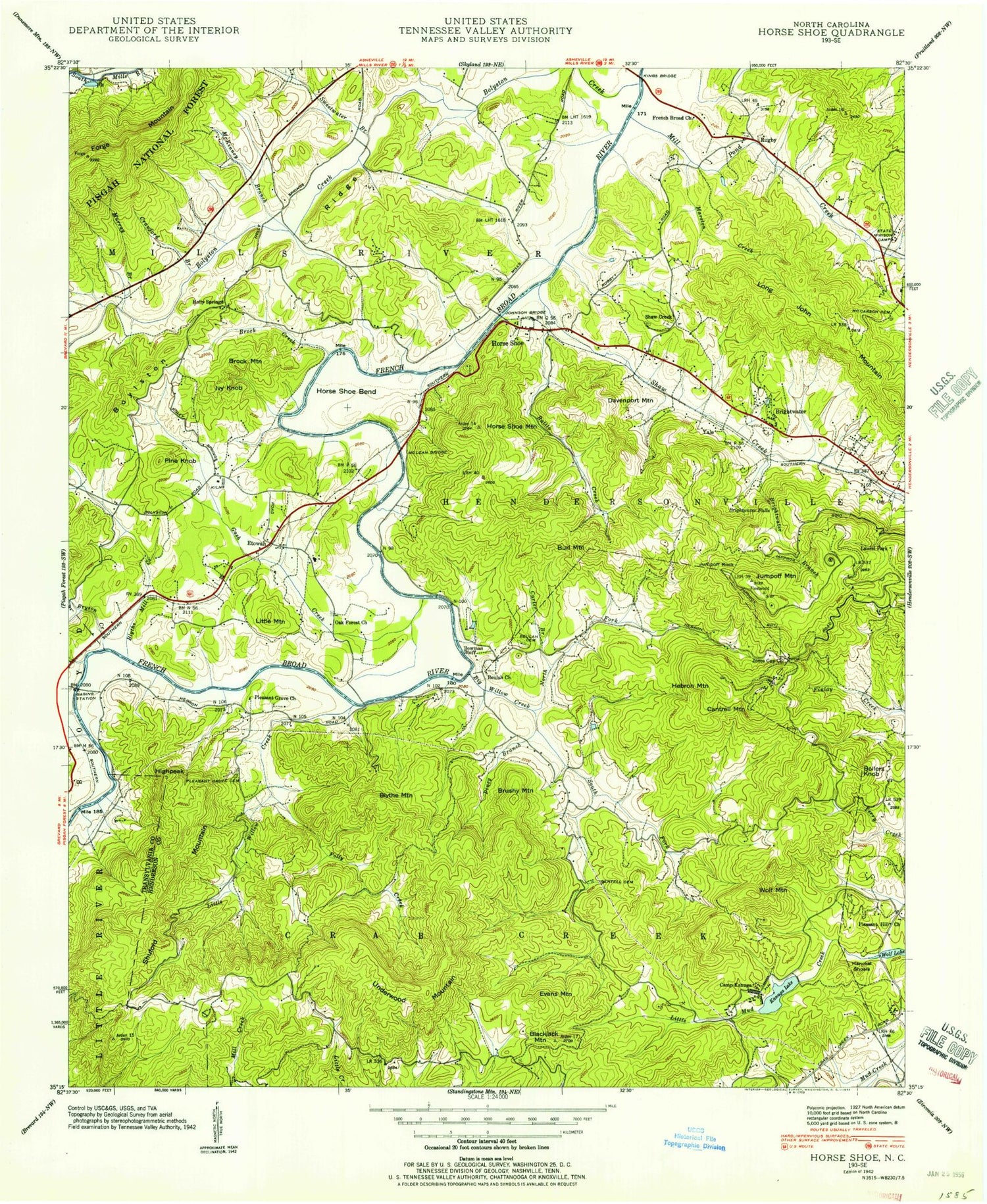 Classic USGS Horse Shoe North Carolina 7.5'x7.5' Topo Map Image