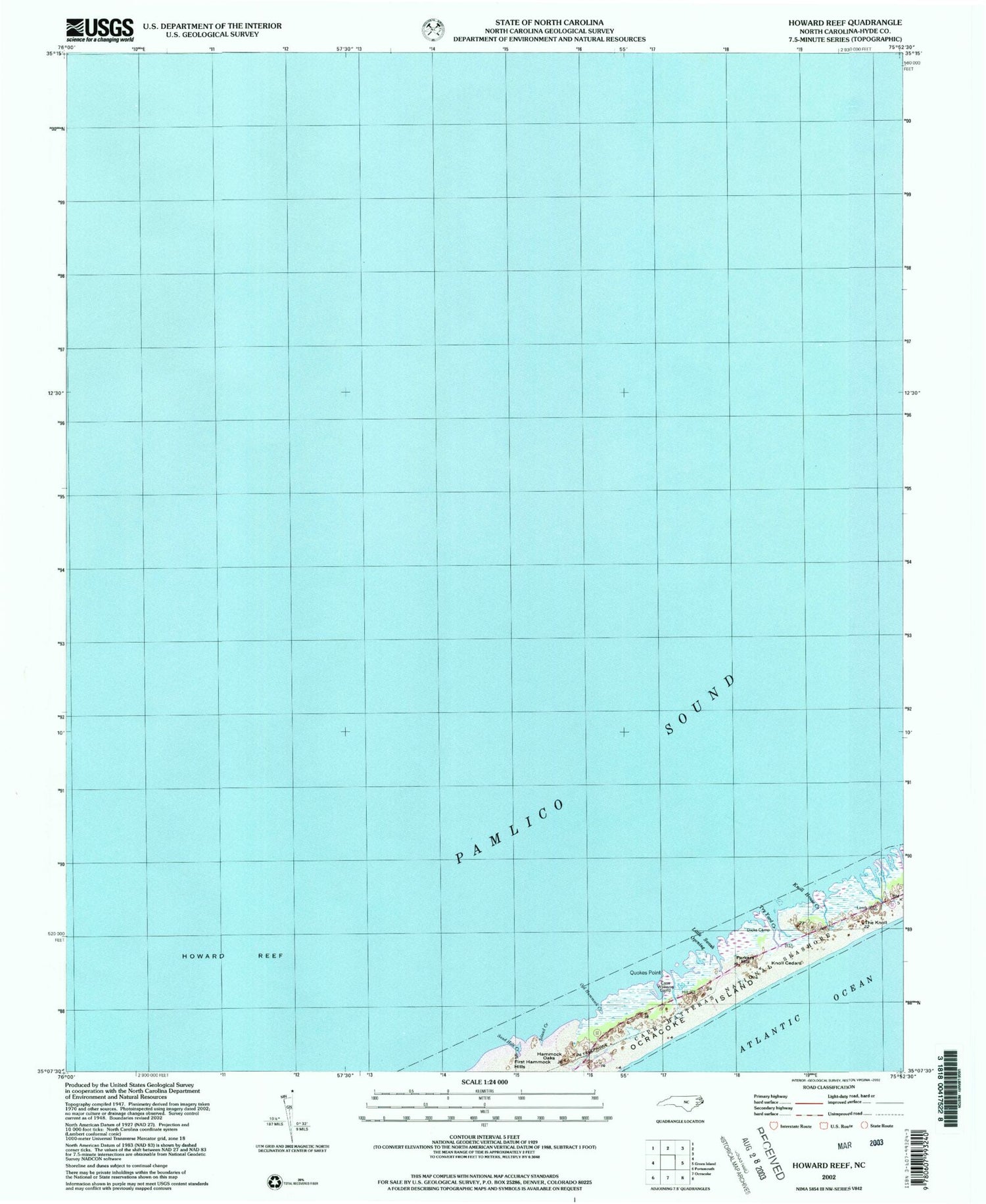 Classic USGS Howard Reef North Carolina 7.5'x7.5' Topo Map Image