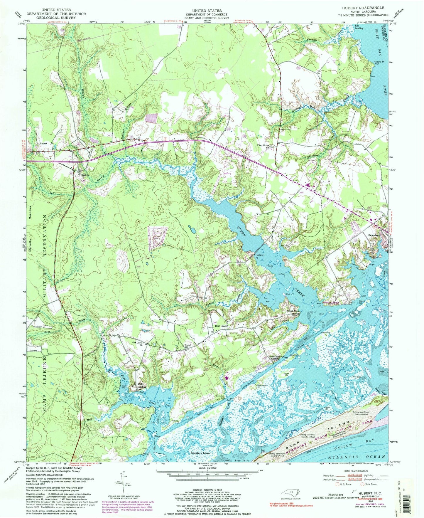Classic USGS Hubert North Carolina 7.5'x7.5' Topo Map Image