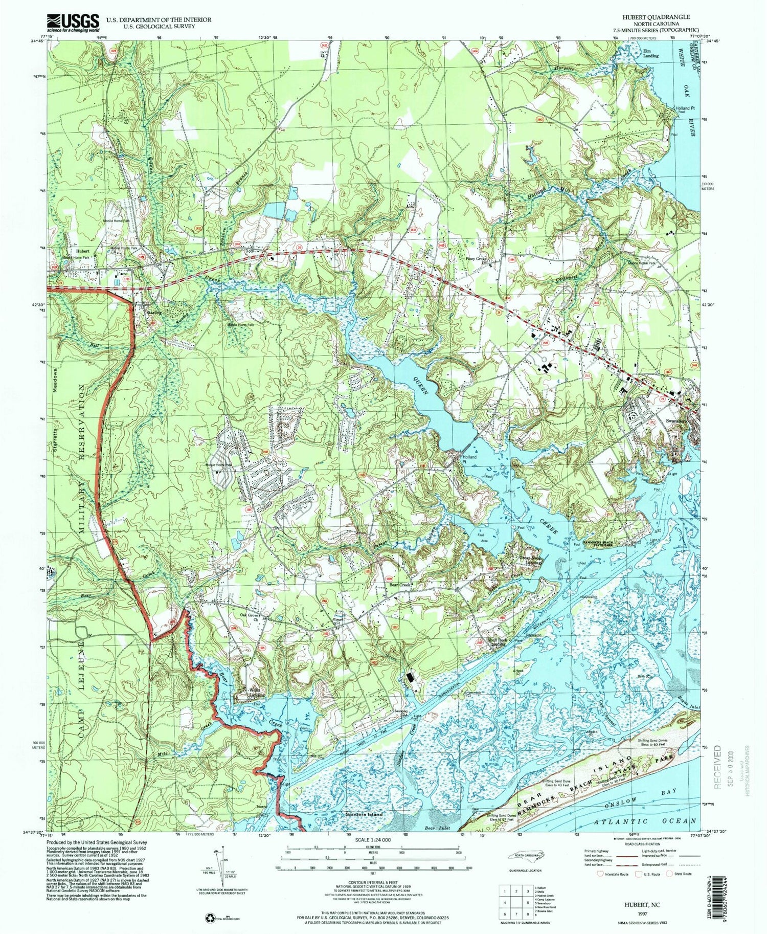 Classic USGS Hubert North Carolina 7.5'x7.5' Topo Map Image