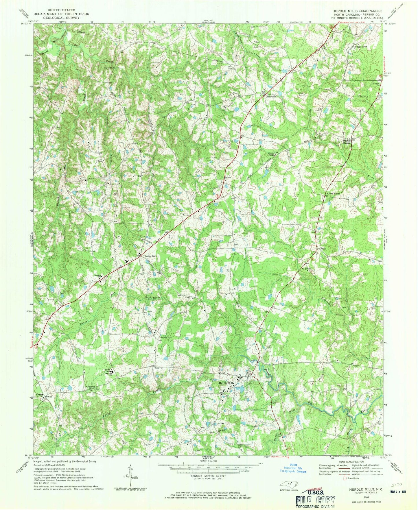 Classic USGS Hurdle Mills North Carolina 7.5'x7.5' Topo Map Image