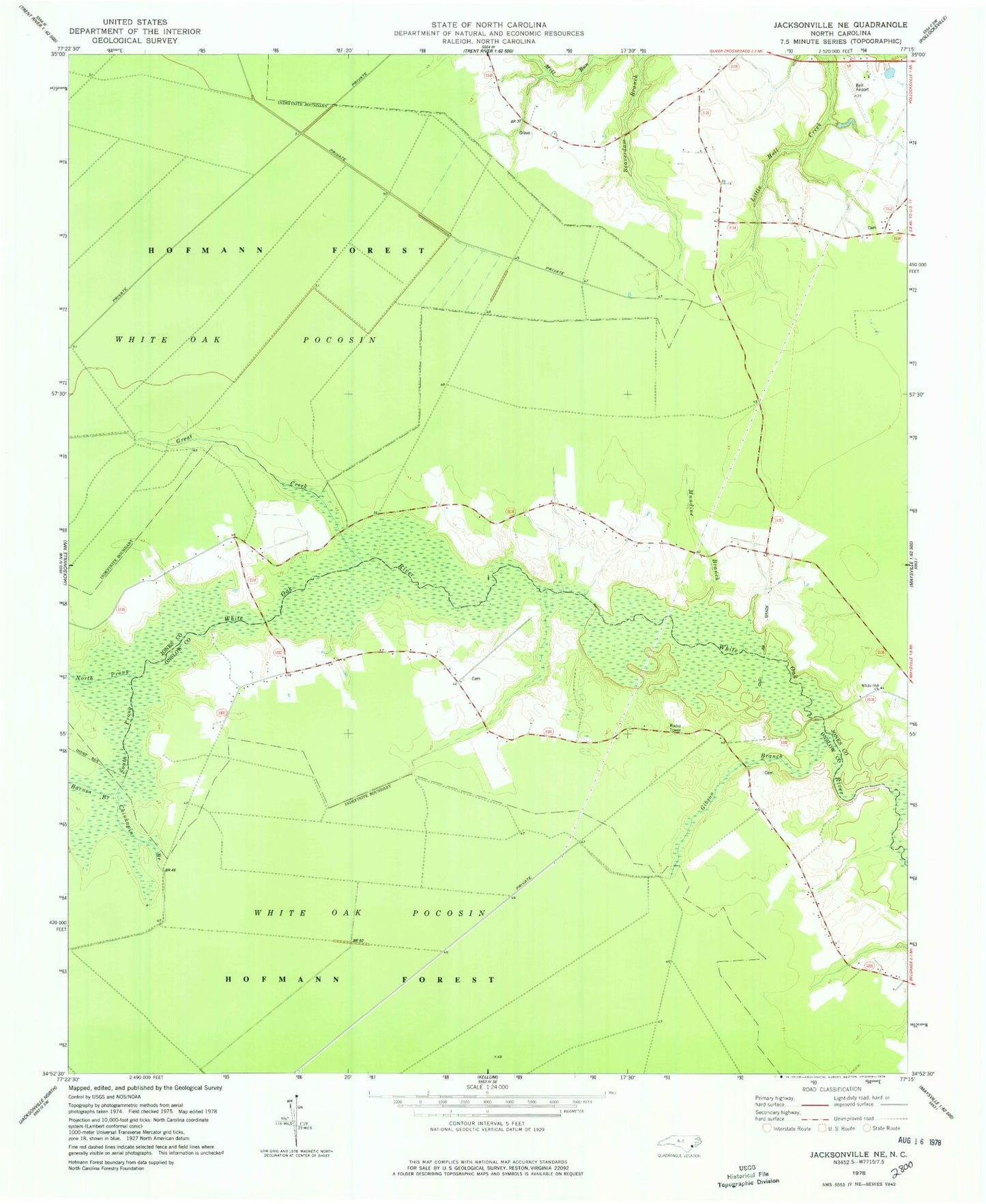 Classic USGS Jacksonville NE North Carolina 7.5'x7.5' Topo Map Image