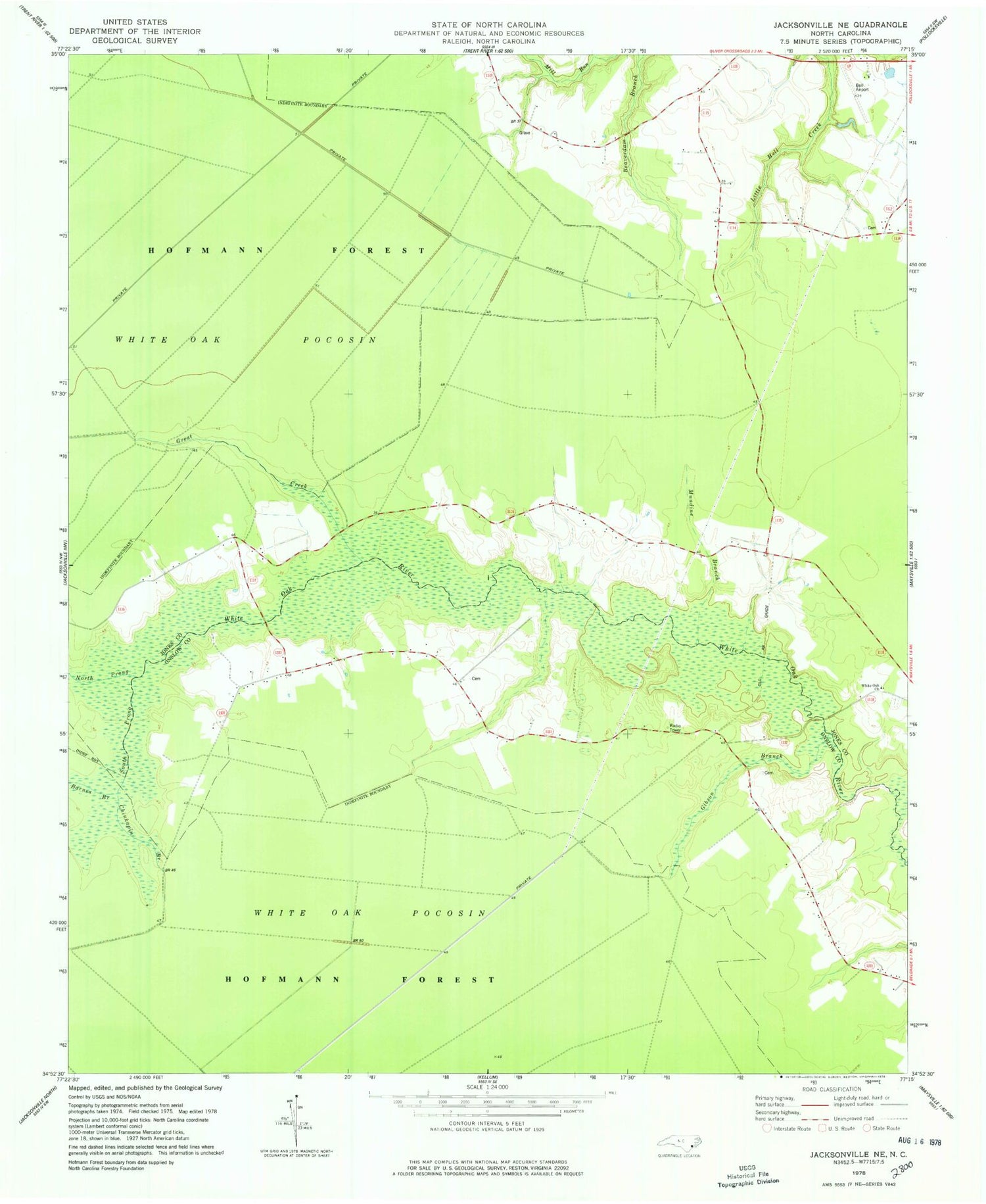 Classic USGS Jacksonville NE North Carolina 7.5'x7.5' Topo Map Image