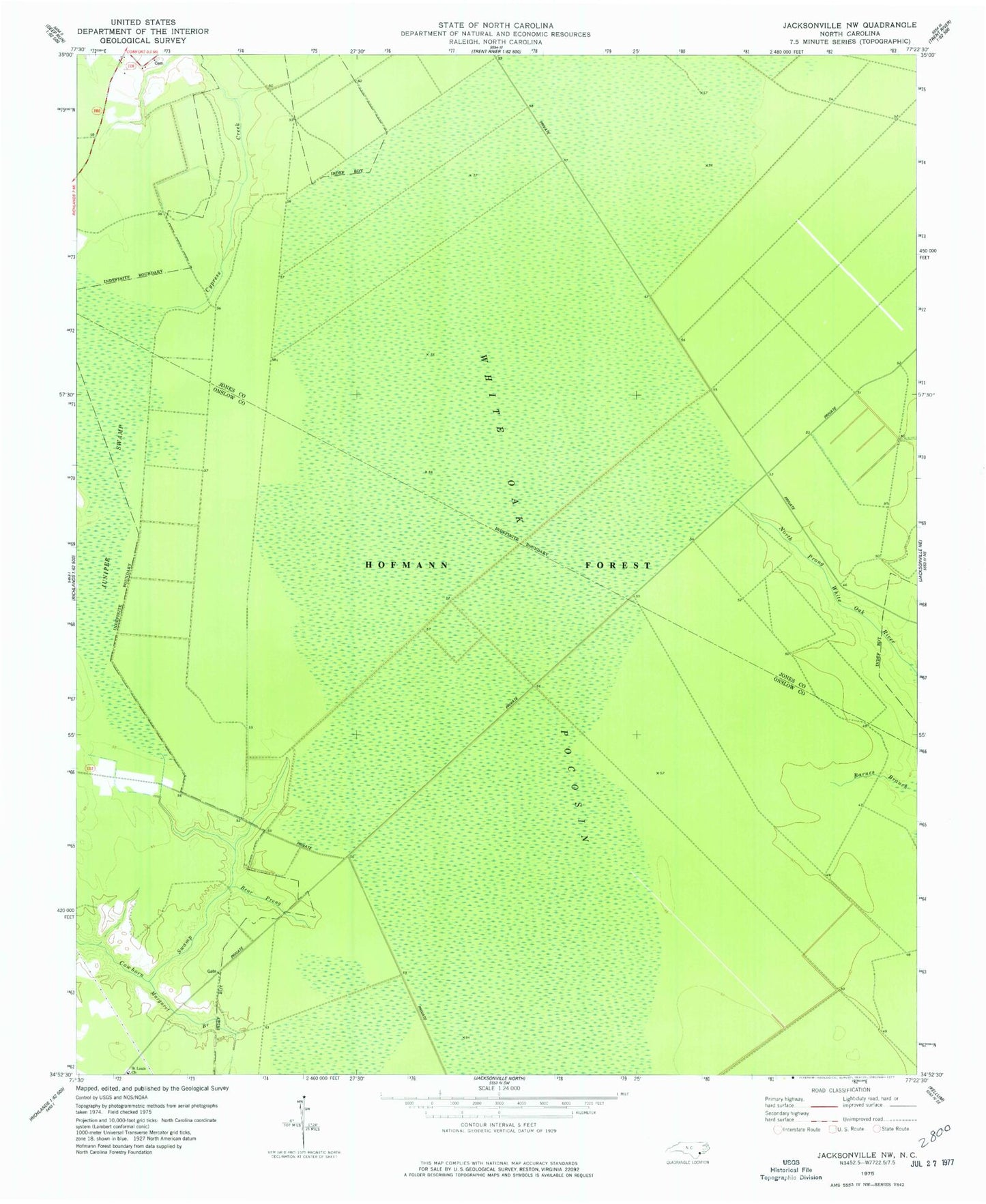 Classic USGS Jacksonville NW North Carolina 7.5'x7.5' Topo Map Image