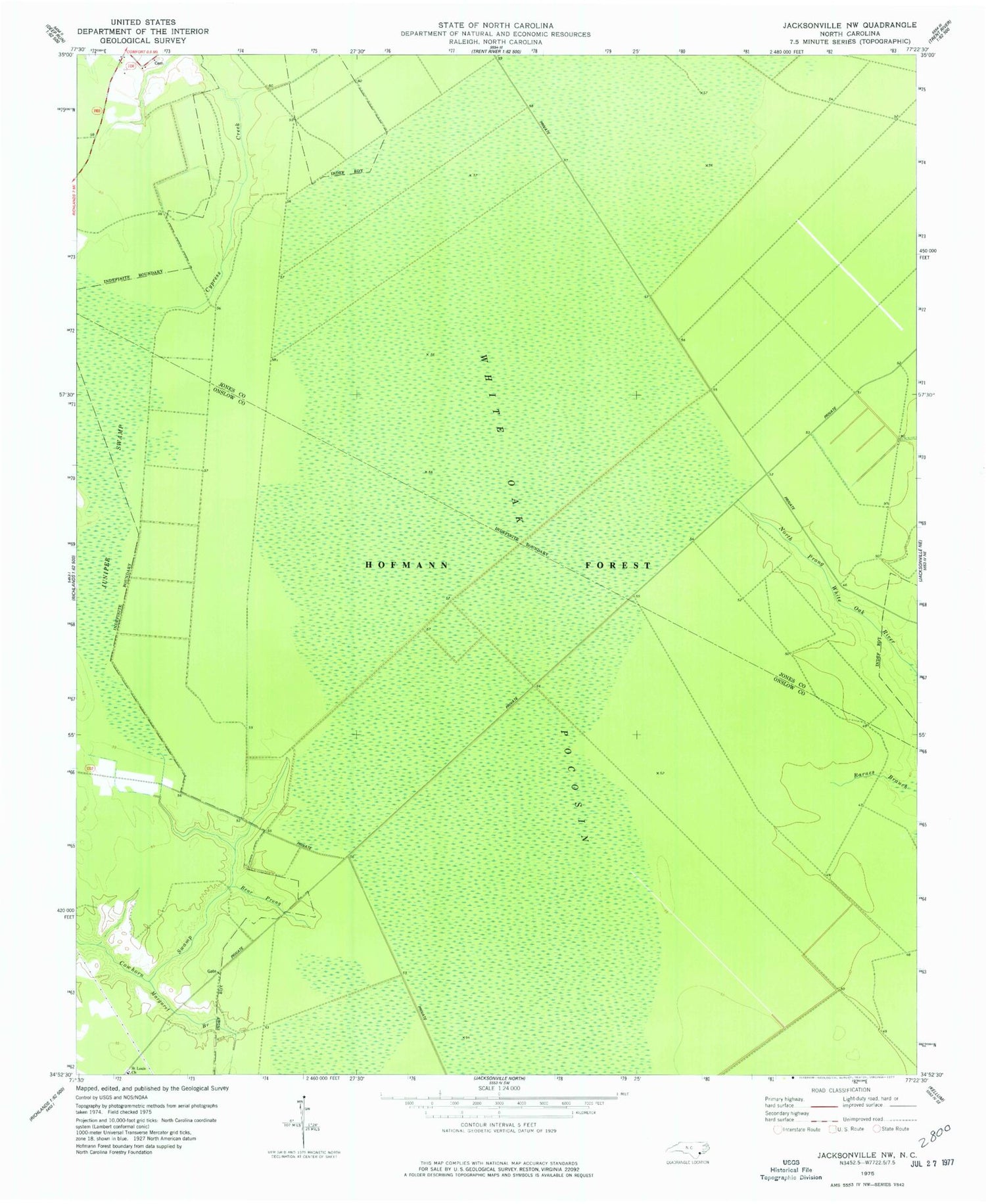 Classic USGS Jacksonville NW North Carolina 7.5'x7.5' Topo Map Image