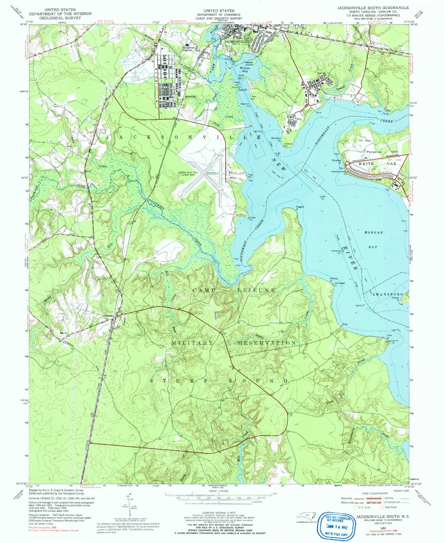 Classic USGS Jacksonville South North Carolina 7.5'x7.5' Topo Map Image