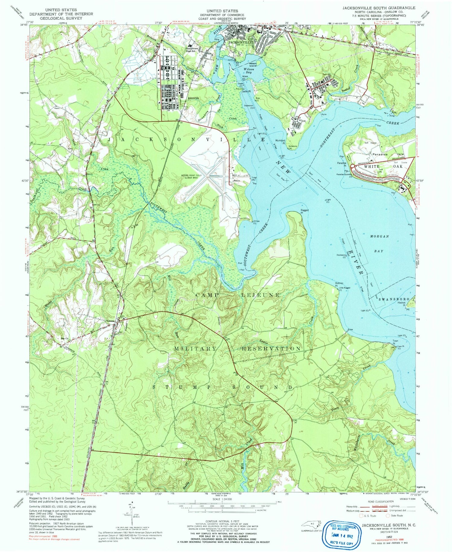 Classic USGS Jacksonville South North Carolina 7.5'x7.5' Topo Map Image