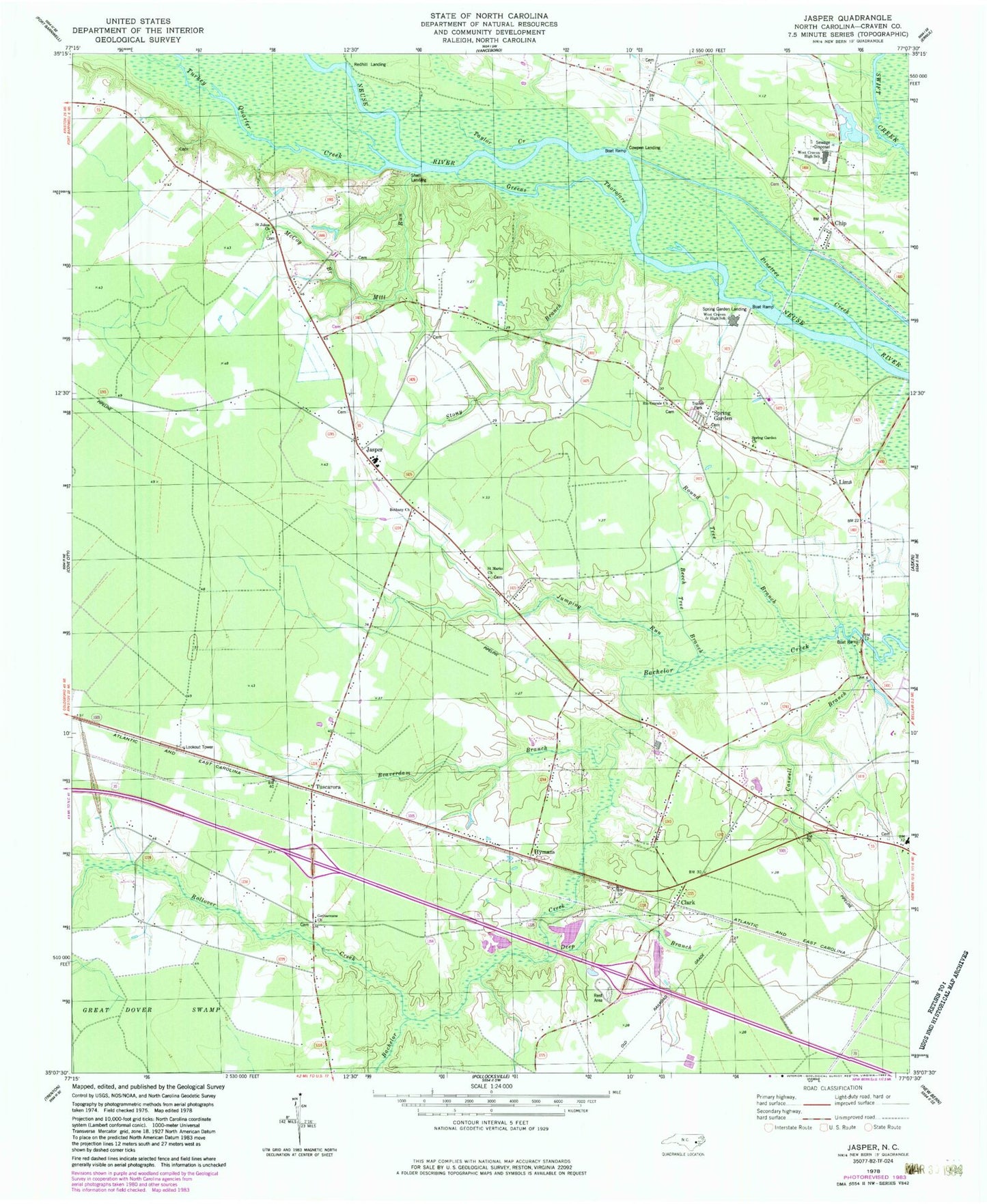 Classic USGS Jasper North Carolina 7.5'x7.5' Topo Map Image