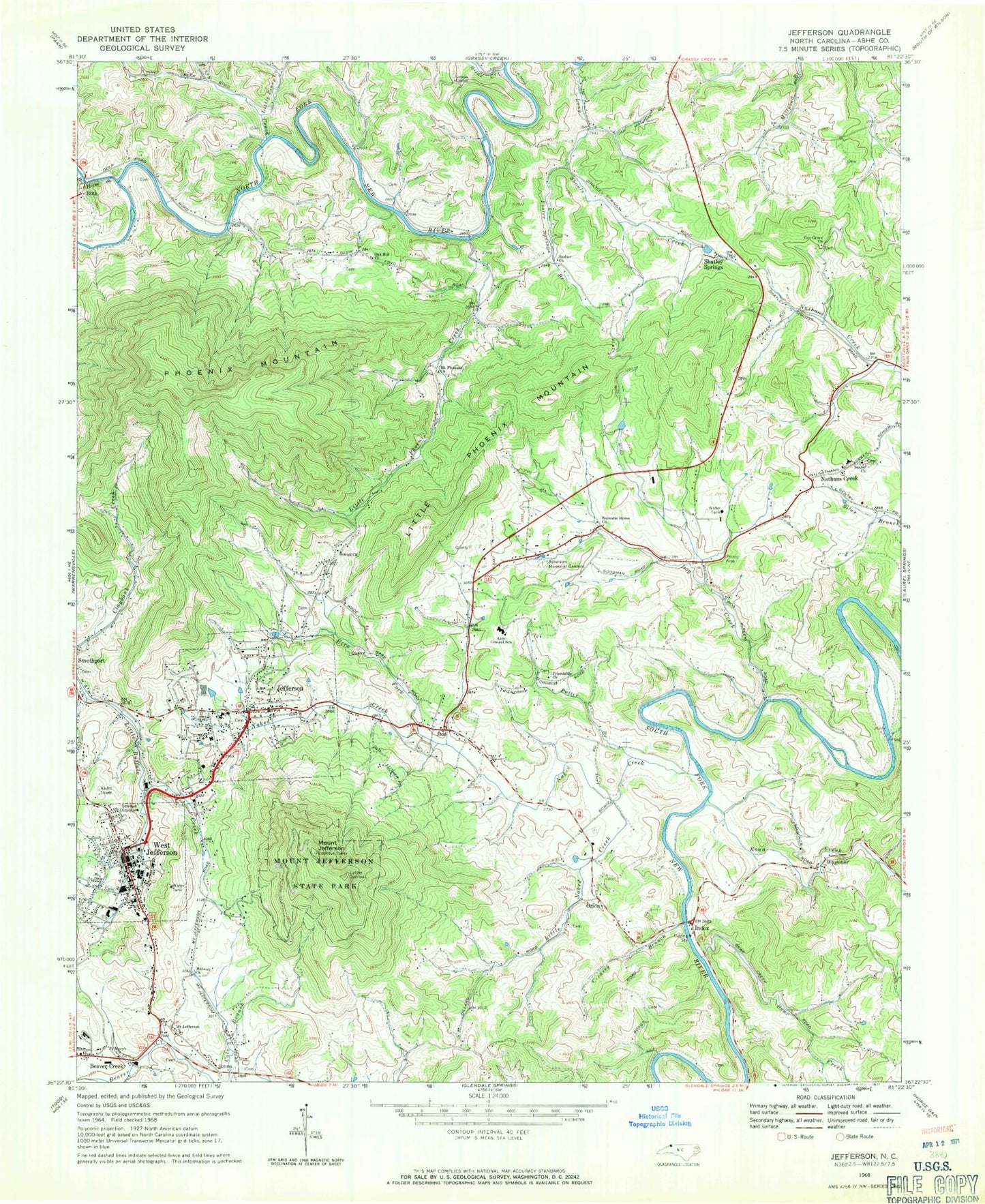 Classic USGS Jefferson North Carolina 7.5'x7.5' Topo Map Image