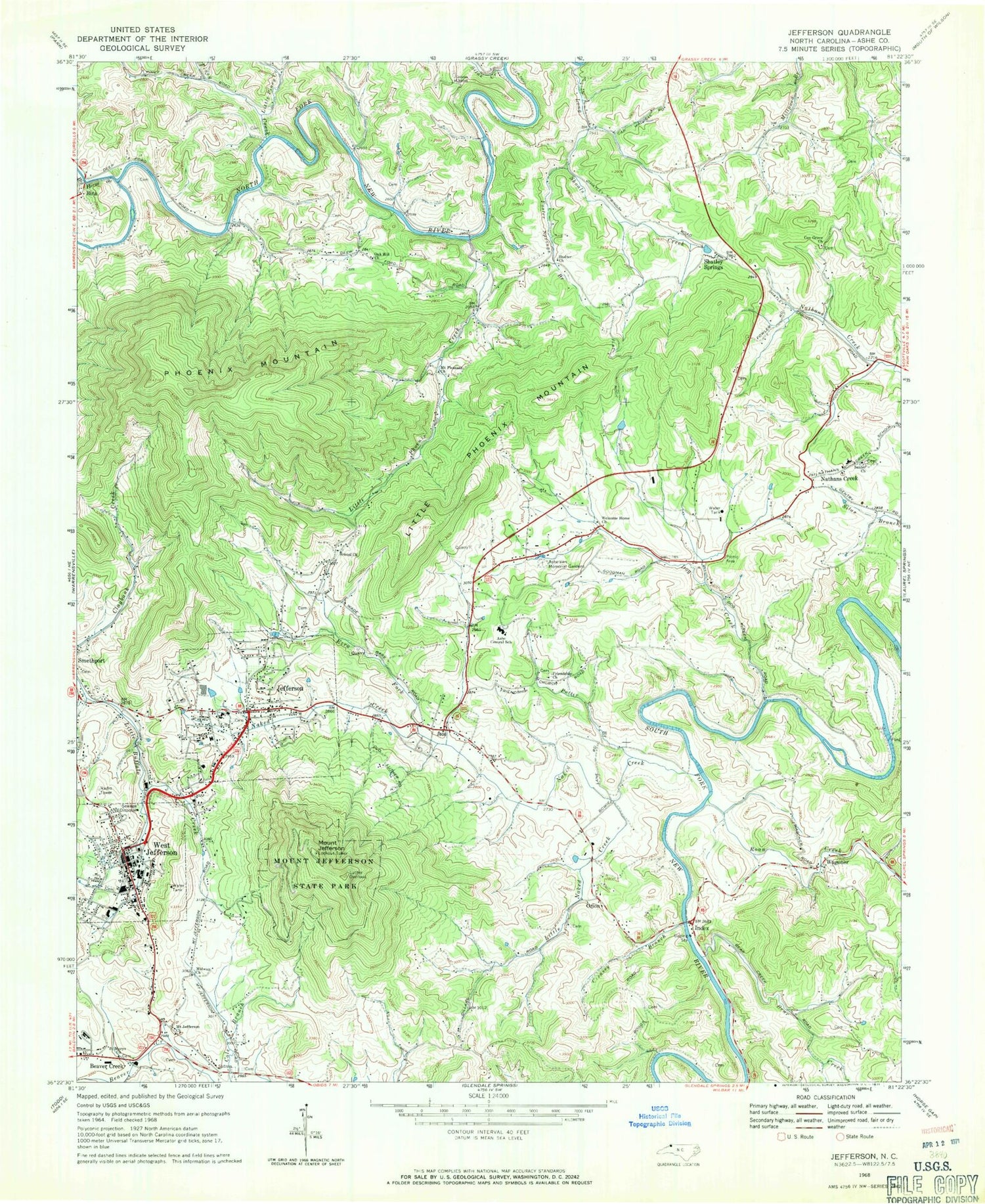 Classic USGS Jefferson North Carolina 7.5'x7.5' Topo Map Image