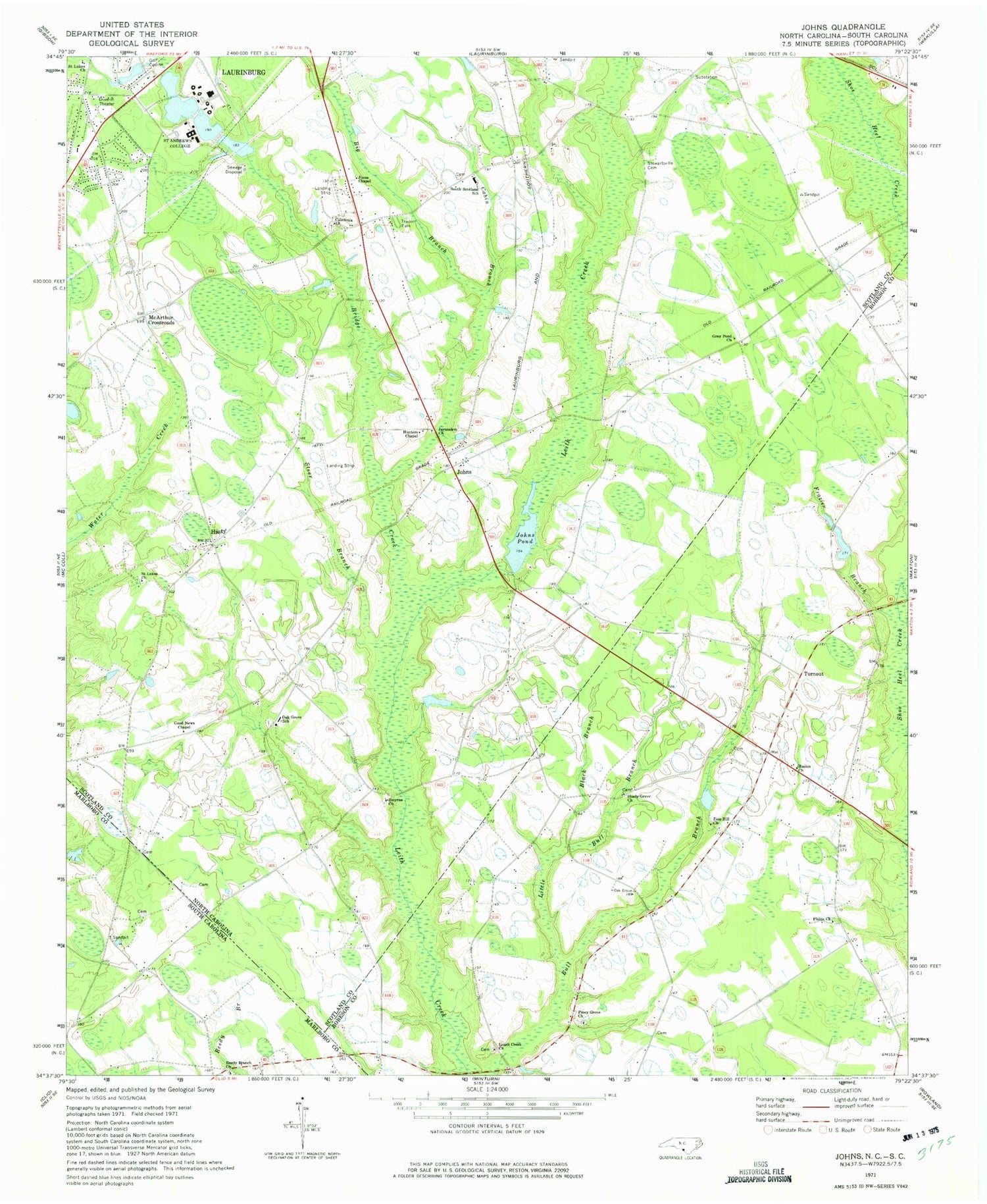 Classic USGS Johns North Carolina 7.5'x7.5' Topo Map Image