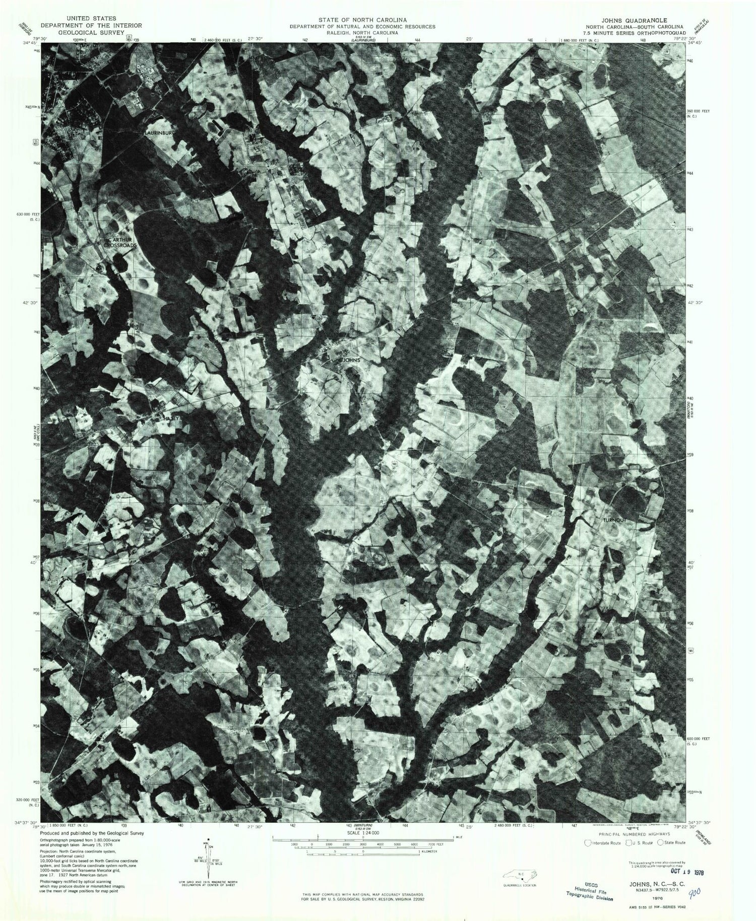 Classic USGS Johns North Carolina 7.5'x7.5' Topo Map Image