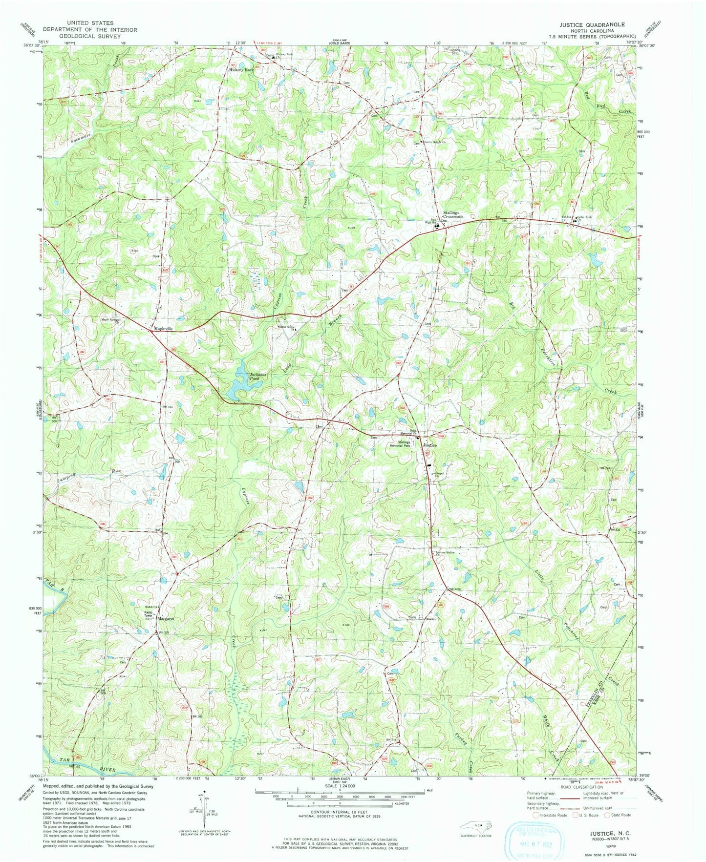 Classic USGS Justice North Carolina 7.5'x7.5' Topo Map Image