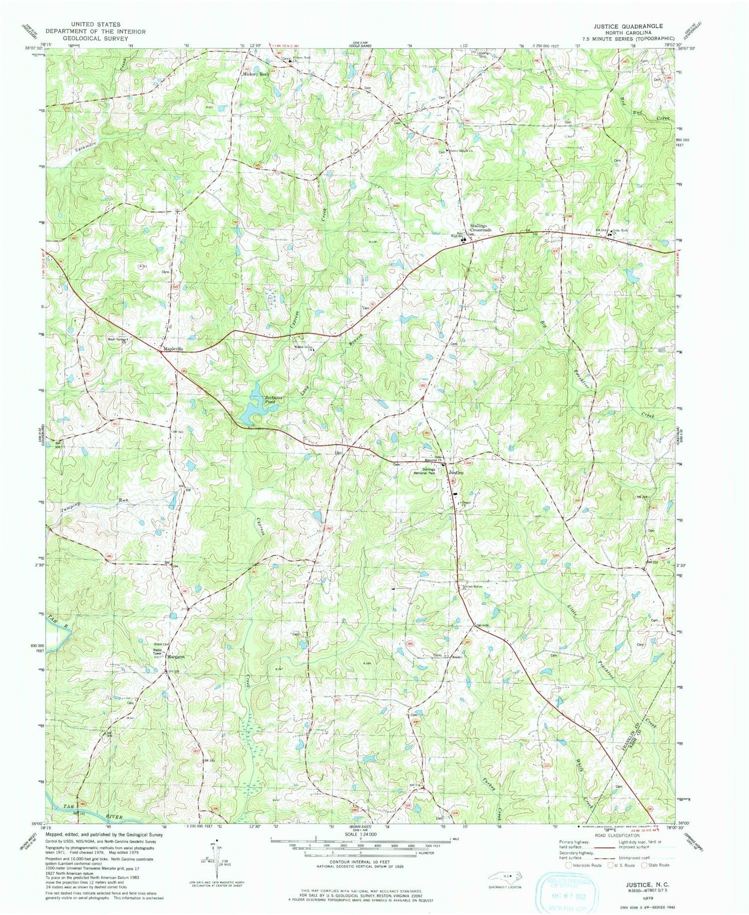 Classic USGS Justice North Carolina 7.5'x7.5' Topo Map Image