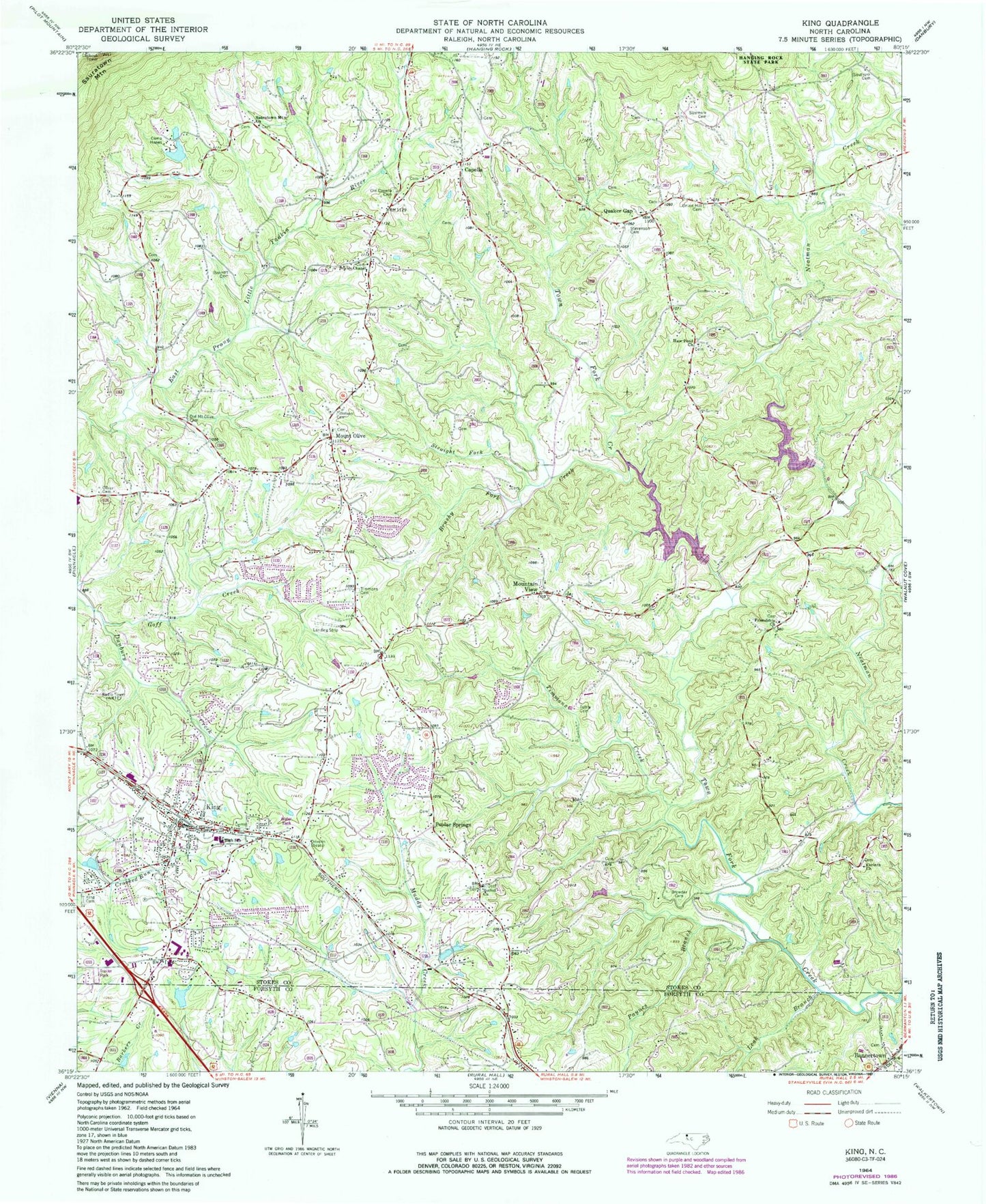 Classic USGS King North Carolina 7.5'x7.5' Topo Map Image