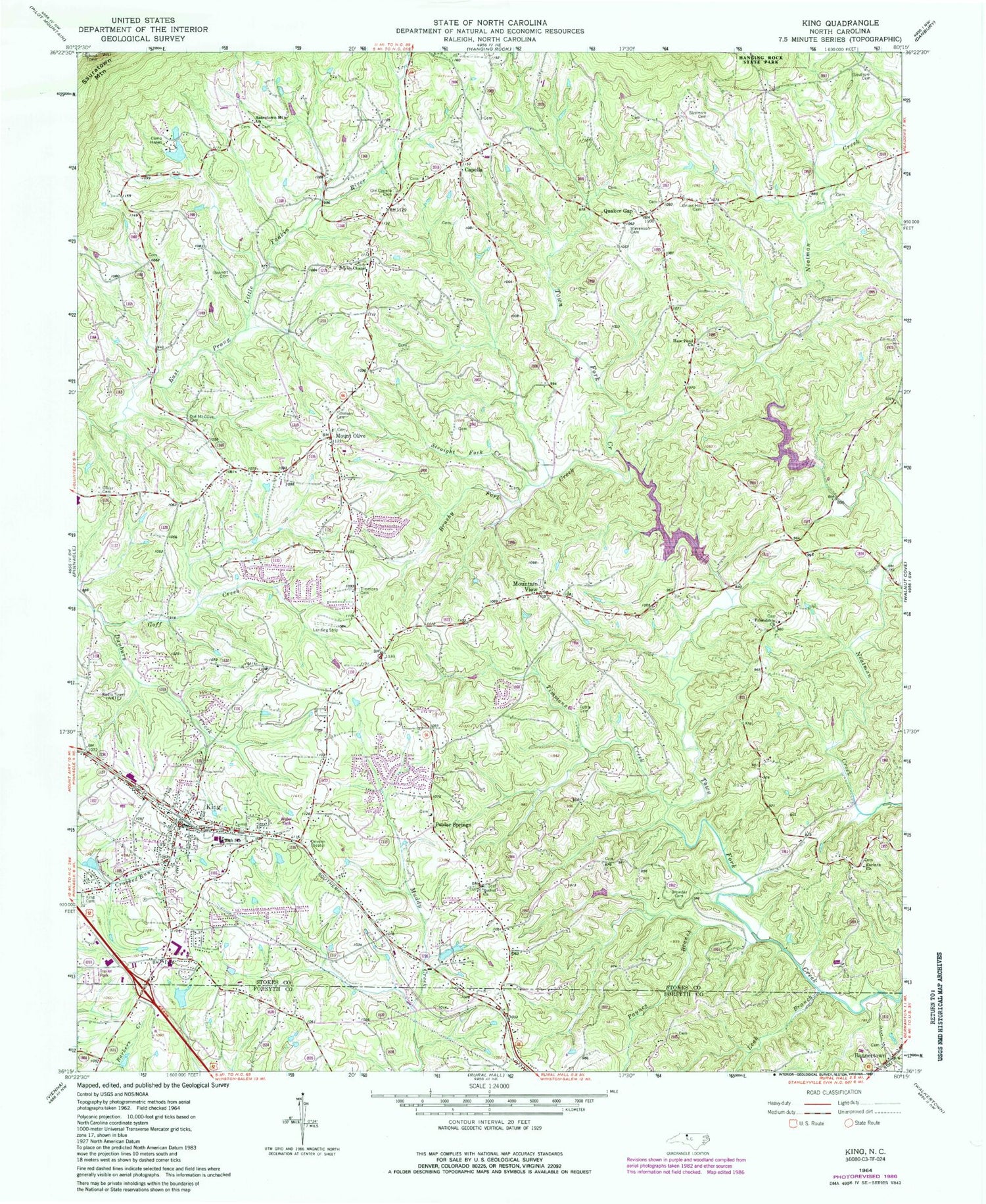 Classic USGS King North Carolina 7.5'x7.5' Topo Map Image