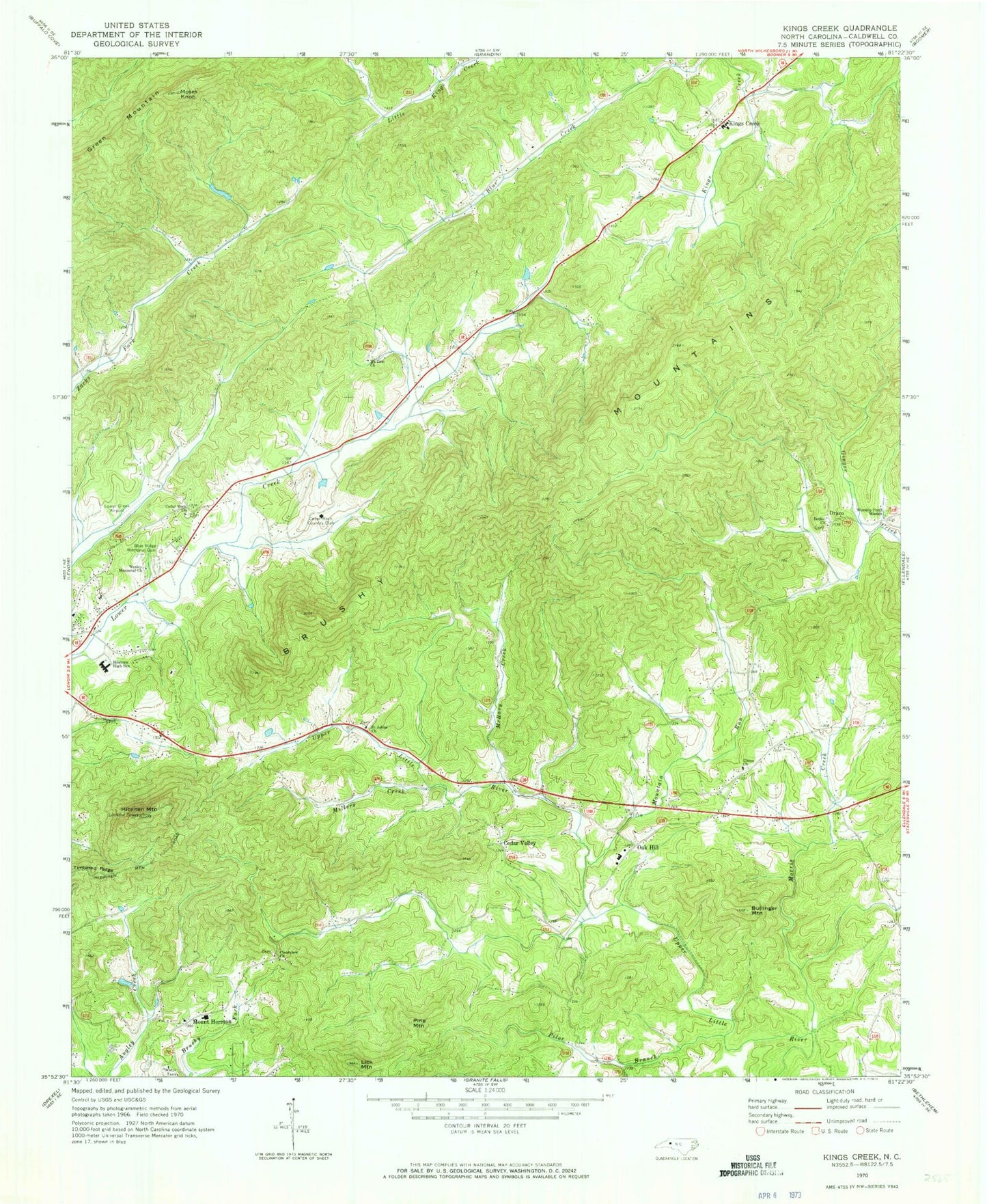 Classic USGS Kings Creek North Carolina 7.5'x7.5' Topo Map Image