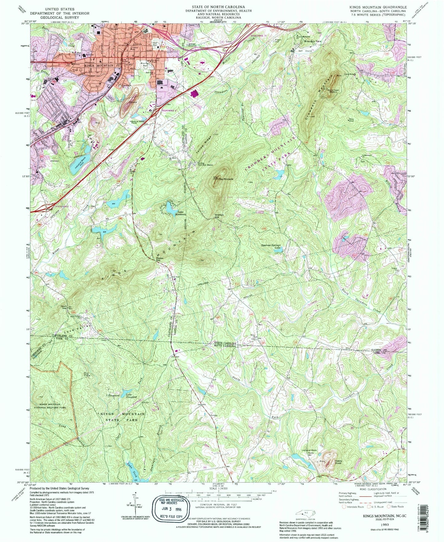 Classic USGS Kings Mountain North Carolina 7.5'x7.5' Topo Map Image