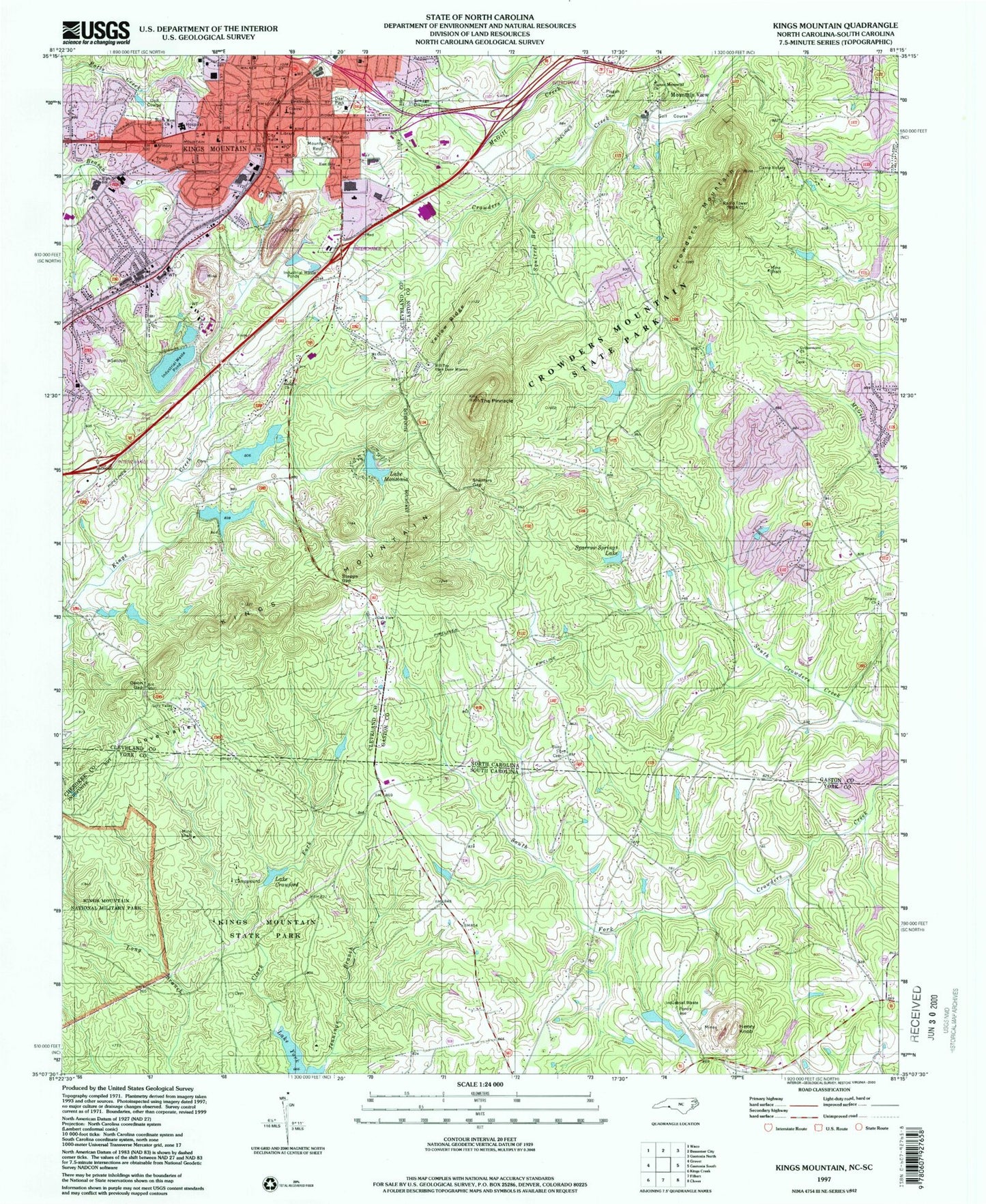 Classic USGS Kings Mountain North Carolina 7.5'x7.5' Topo Map Image