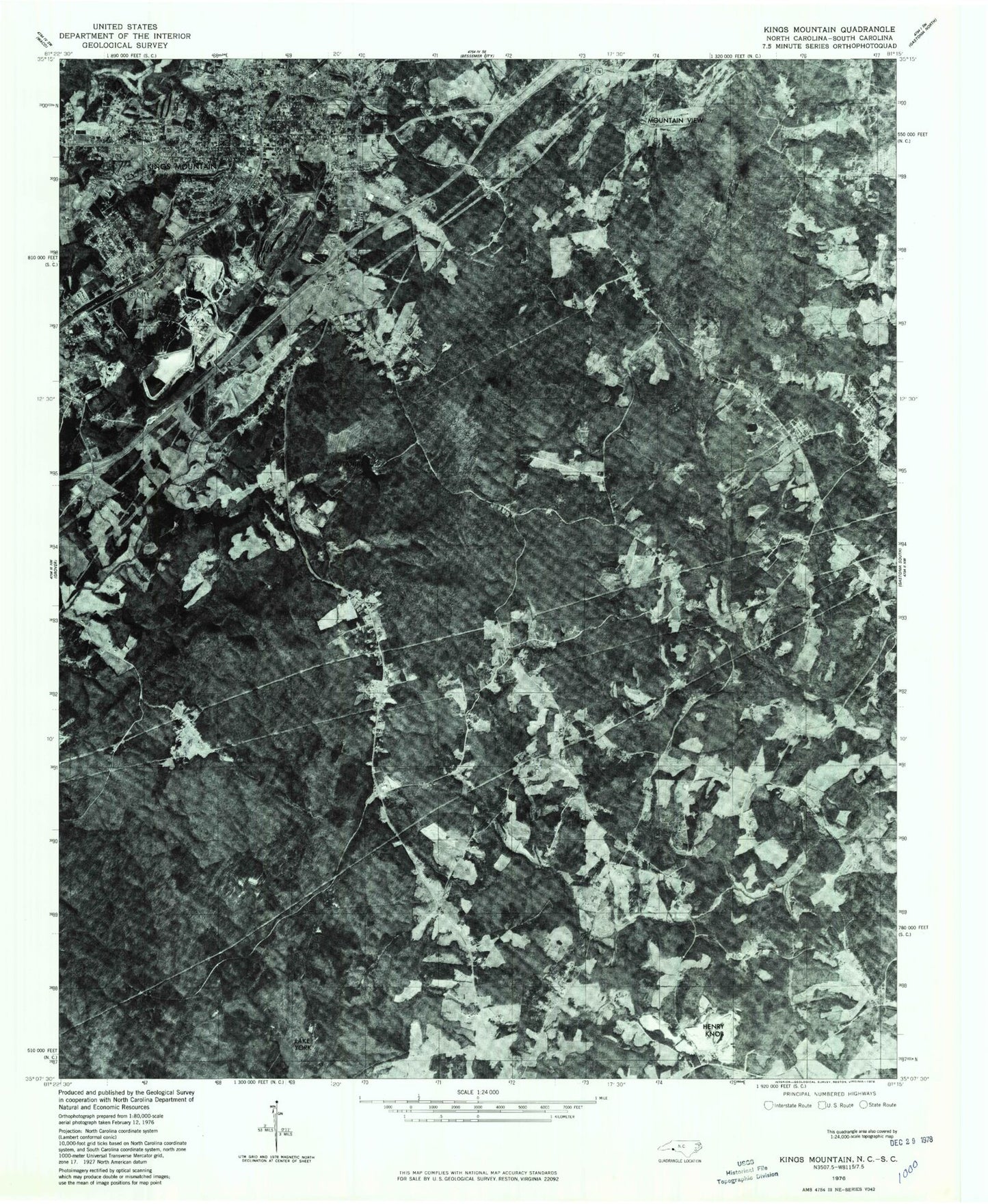 Classic USGS Kings Mountain North Carolina 7.5'x7.5' Topo Map Image