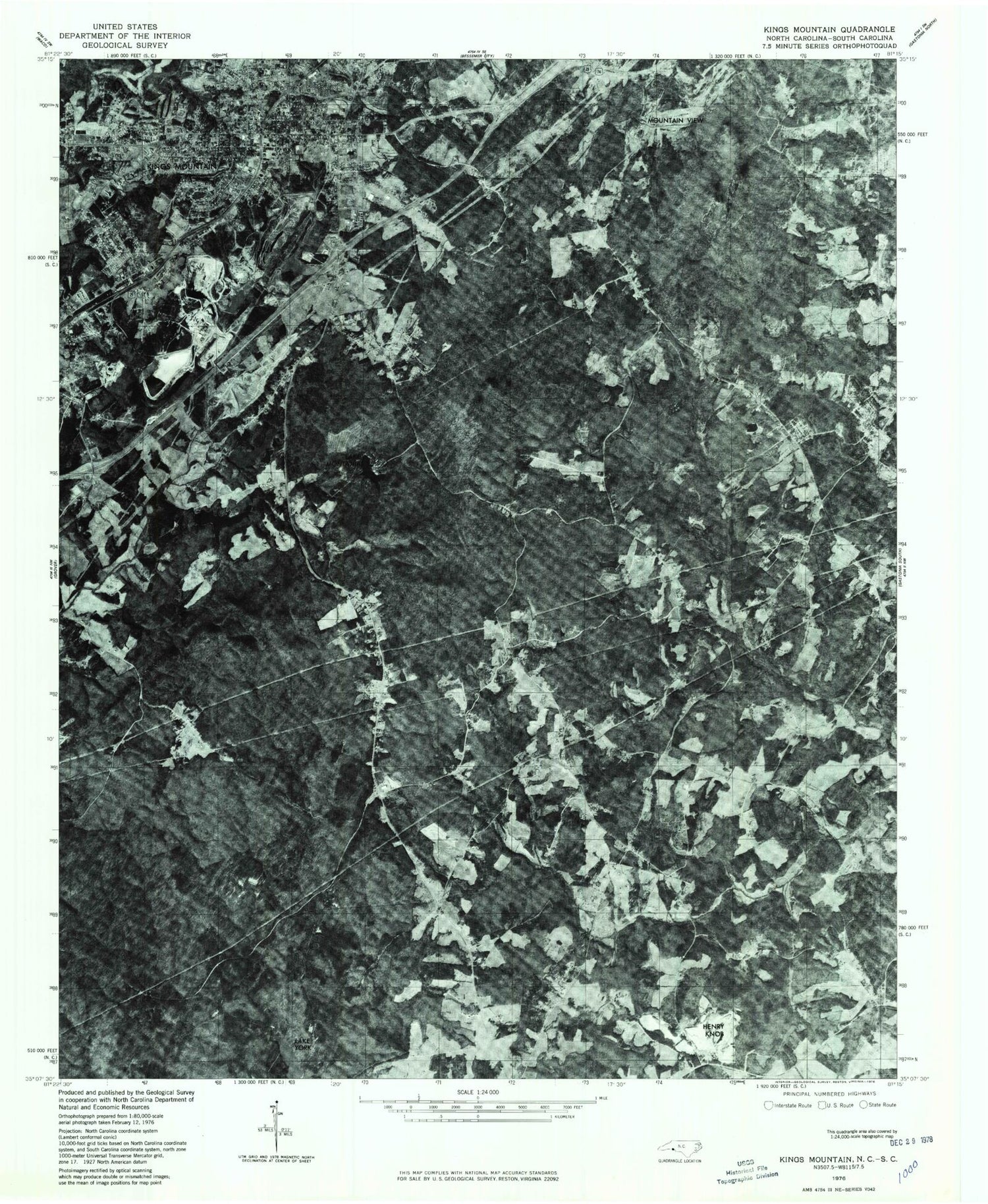 Classic USGS Kings Mountain North Carolina 7.5'x7.5' Topo Map Image