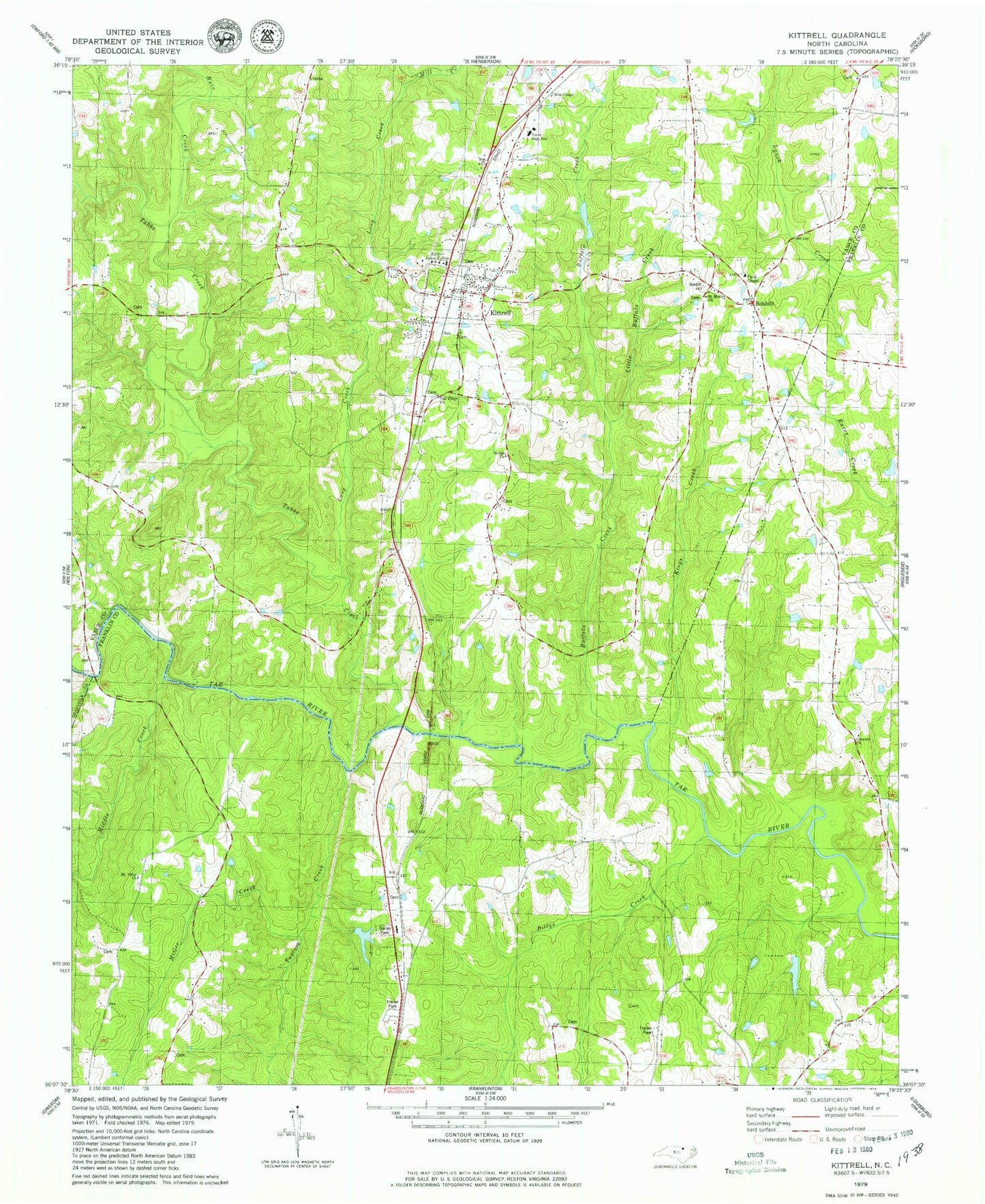 Classic USGS Kittrell North Carolina 7.5'x7.5' Topo Map Image