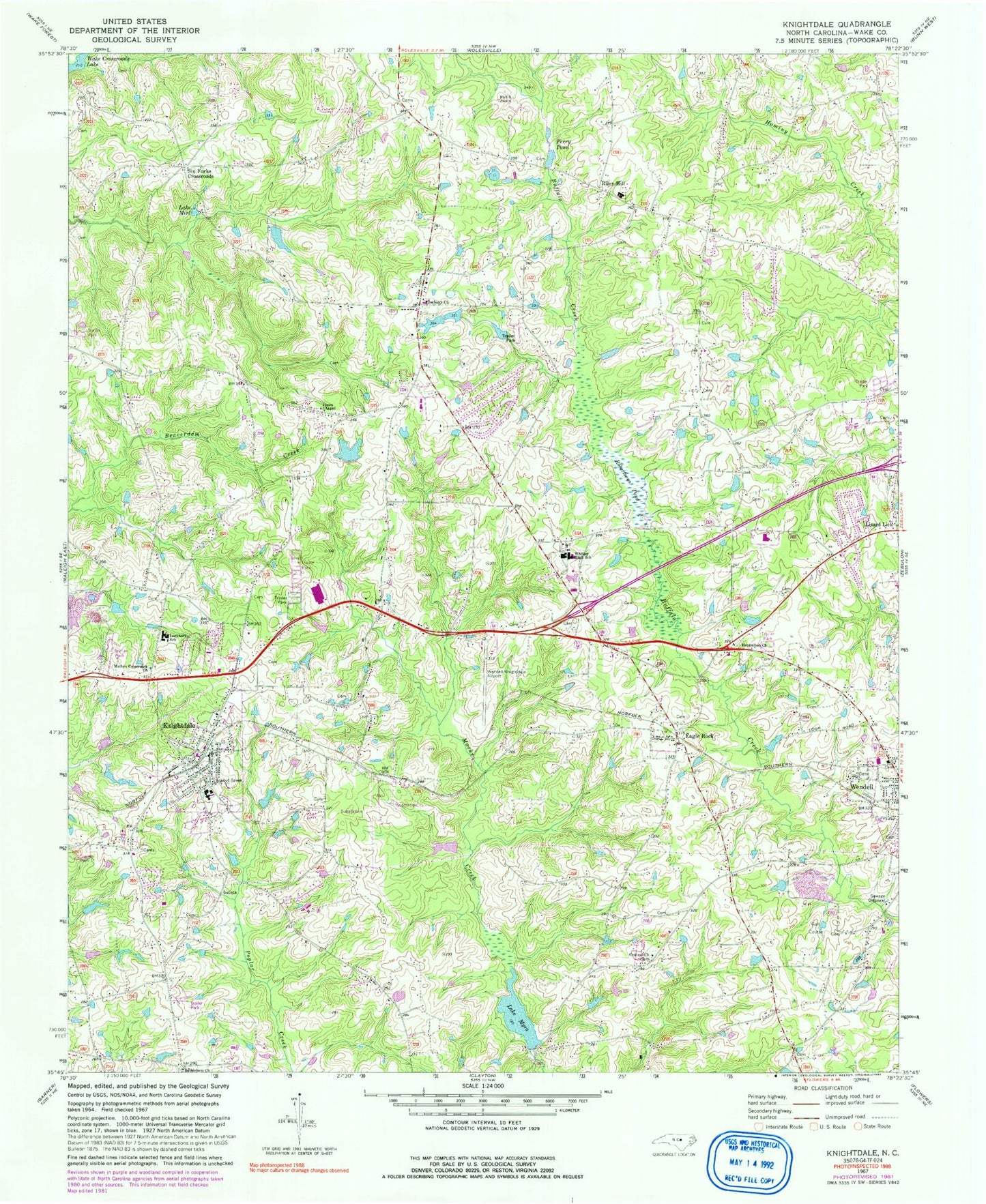 Classic USGS Knightdale North Carolina 7.5'x7.5' Topo Map Image