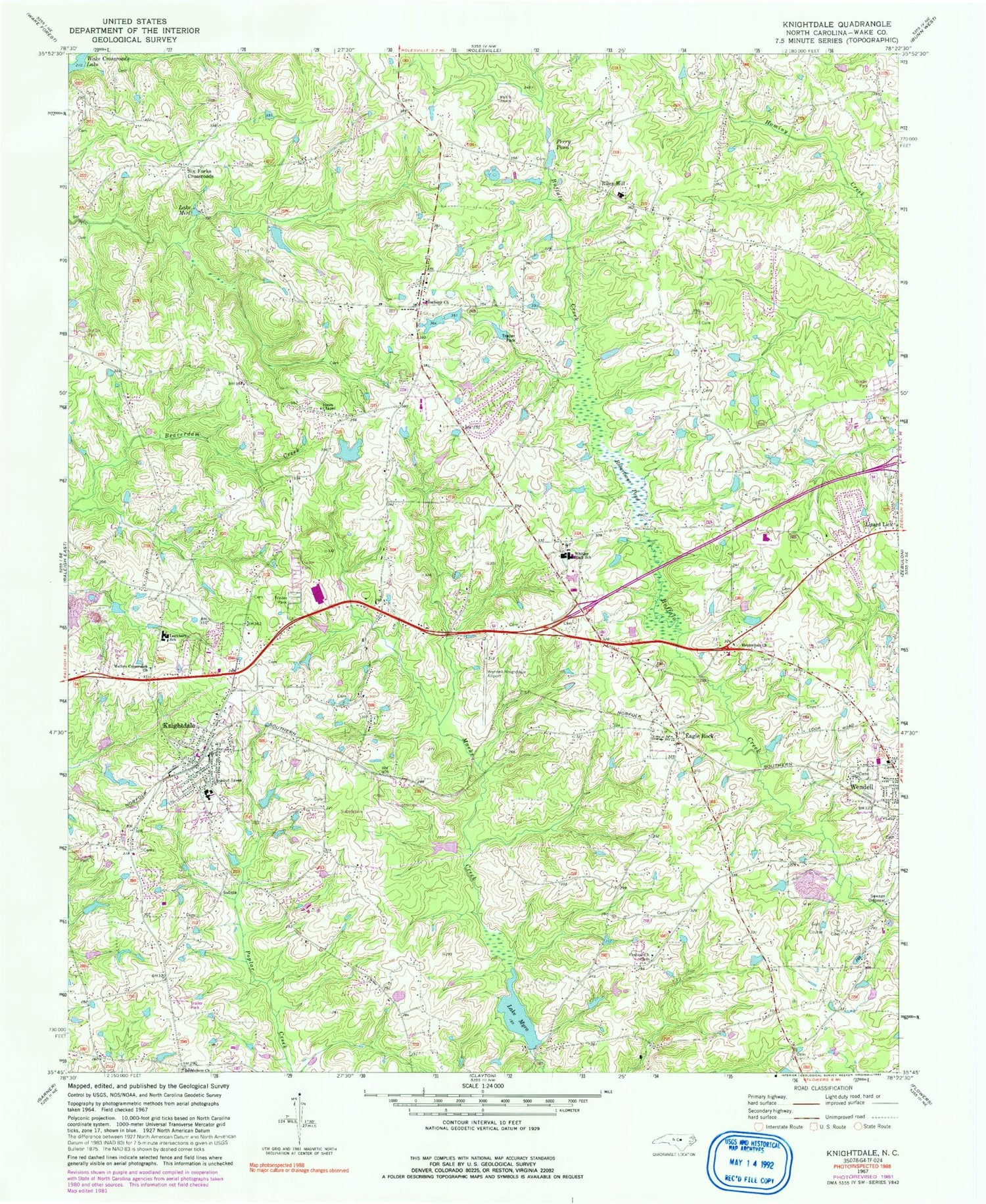 Classic USGS Knightdale North Carolina 7.5'x7.5' Topo Map Image