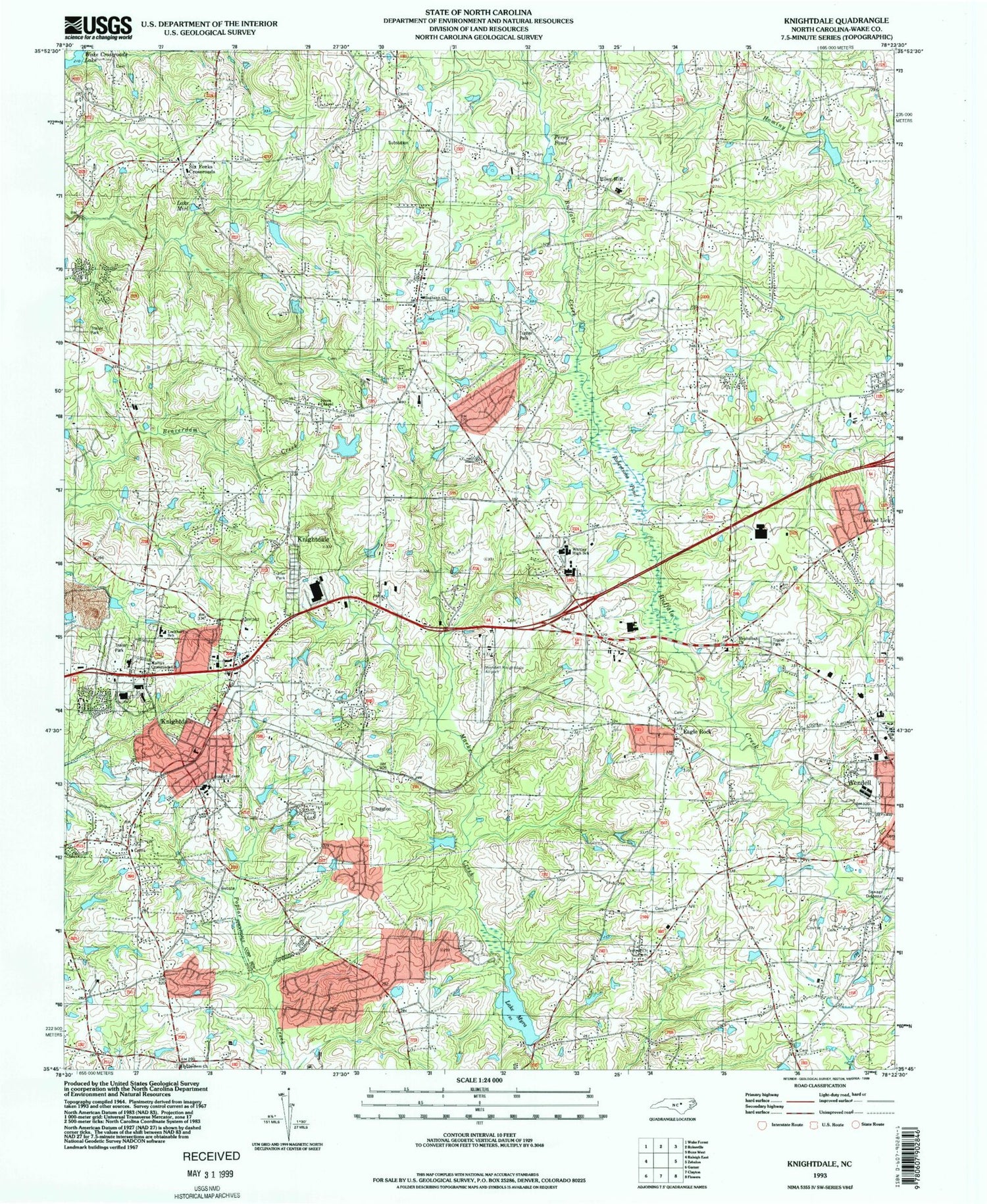 Classic USGS Knightdale North Carolina 7.5'x7.5' Topo Map Image