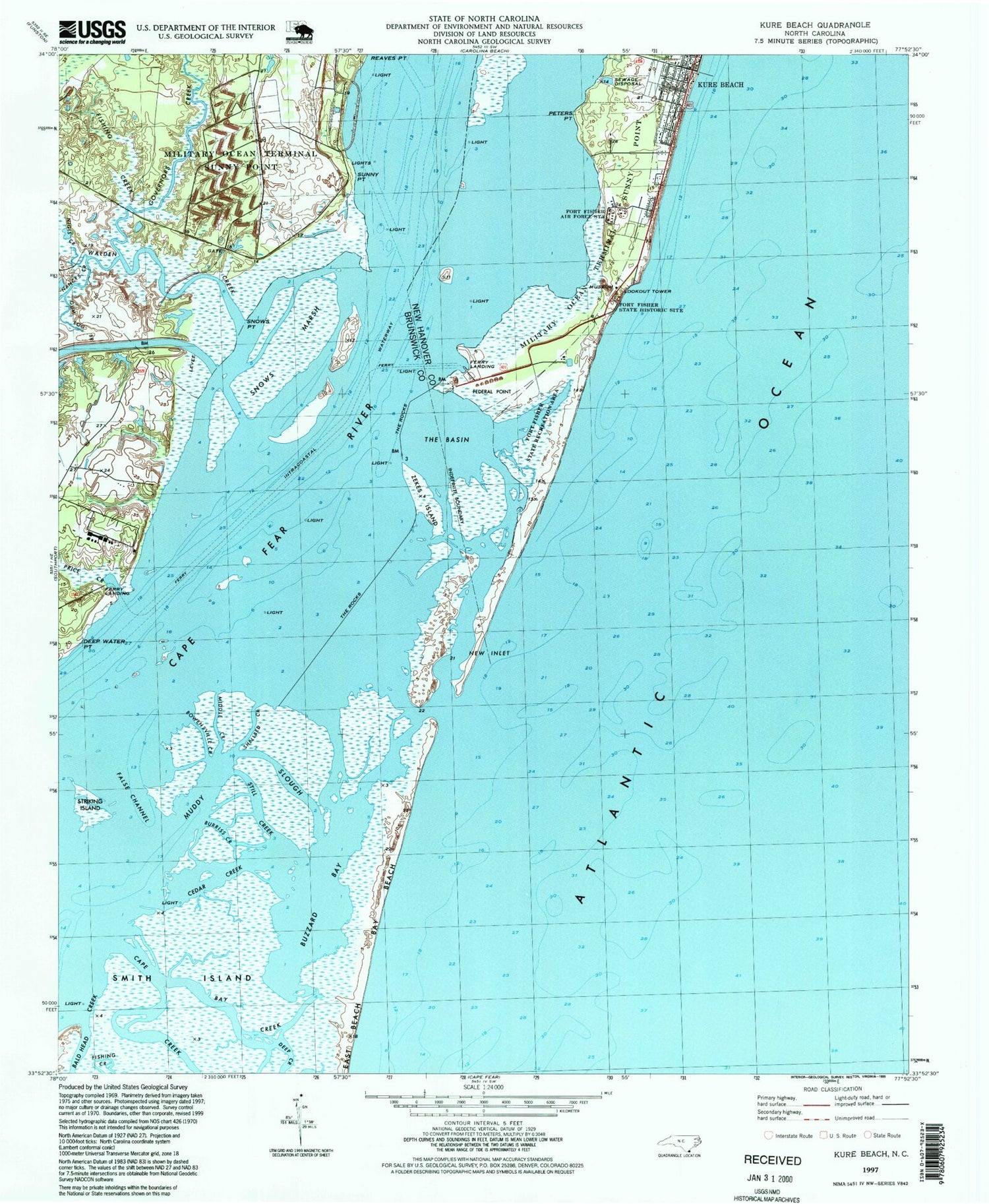 Classic USGS Kure Beach North Carolina 7.5'x7.5' Topo Map Image