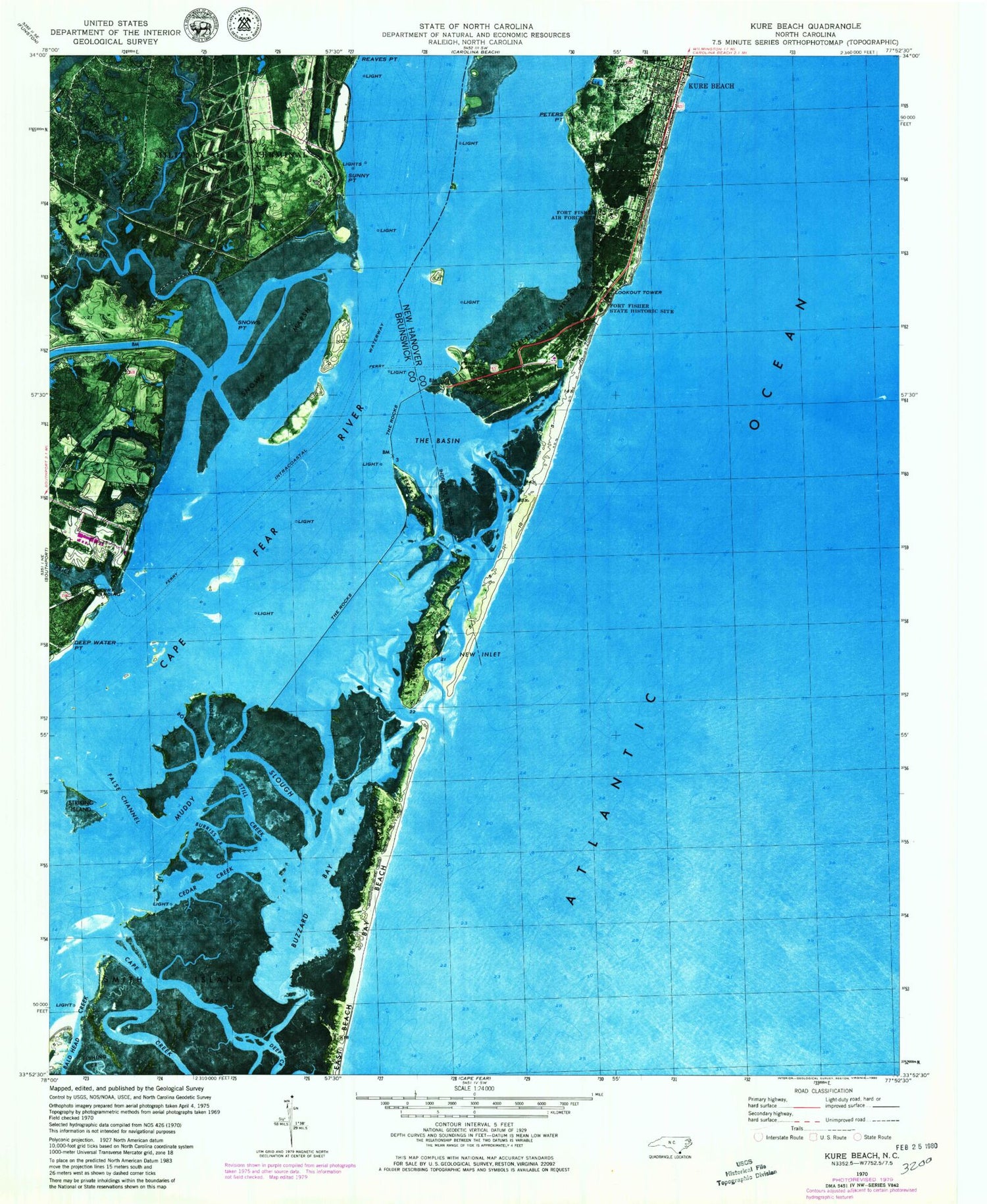 Classic USGS Kure Beach North Carolina 7.5'x7.5' Topo Map Image