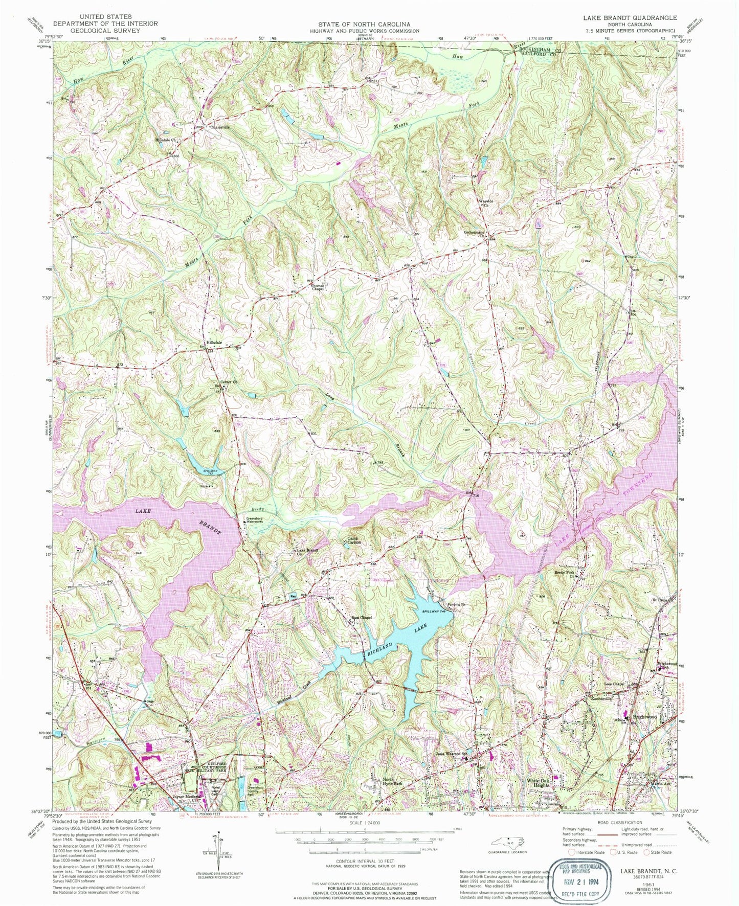Classic USGS Lake Brandt North Carolina 7.5'x7.5' Topo Map Image
