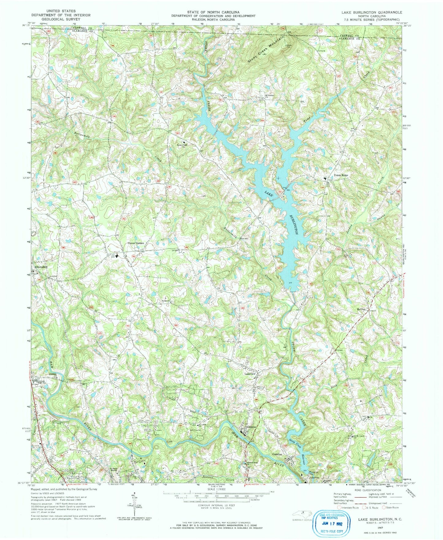 Classic USGS Lake Burlington North Carolina 7.5'x7.5' Topo Map Image