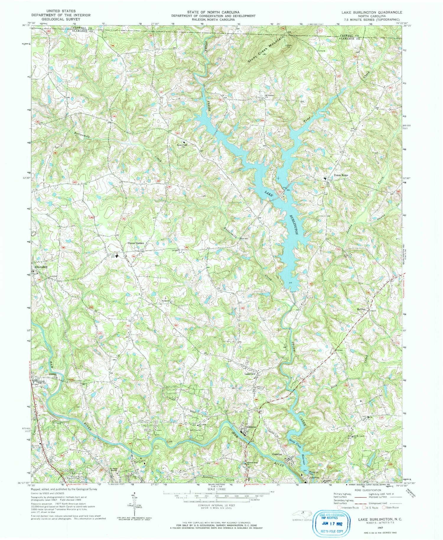 Classic USGS Lake Burlington North Carolina 7.5'x7.5' Topo Map Image