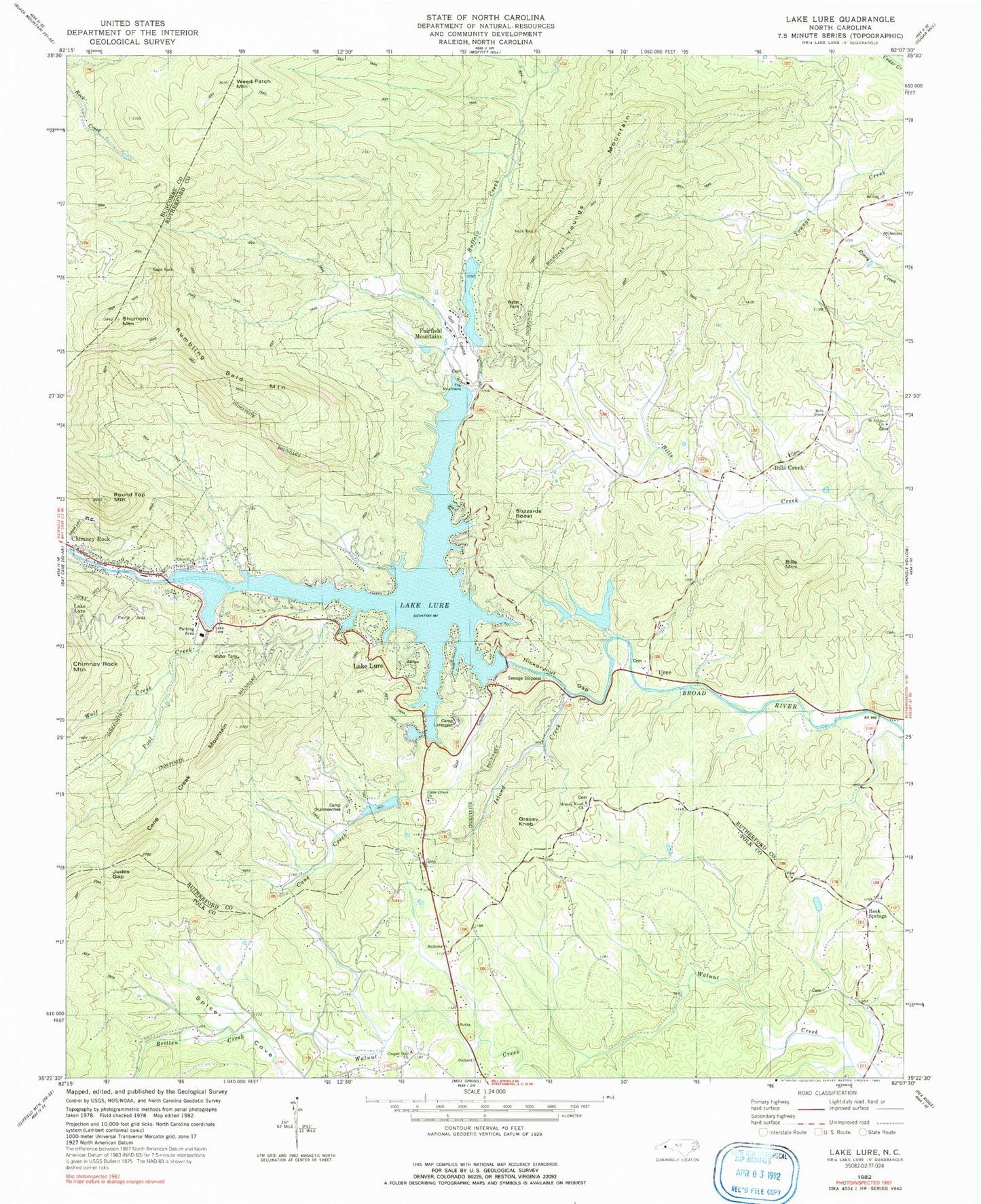 Classic USGS Lake Lure North Carolina 7.5'x7.5' Topo Map Image