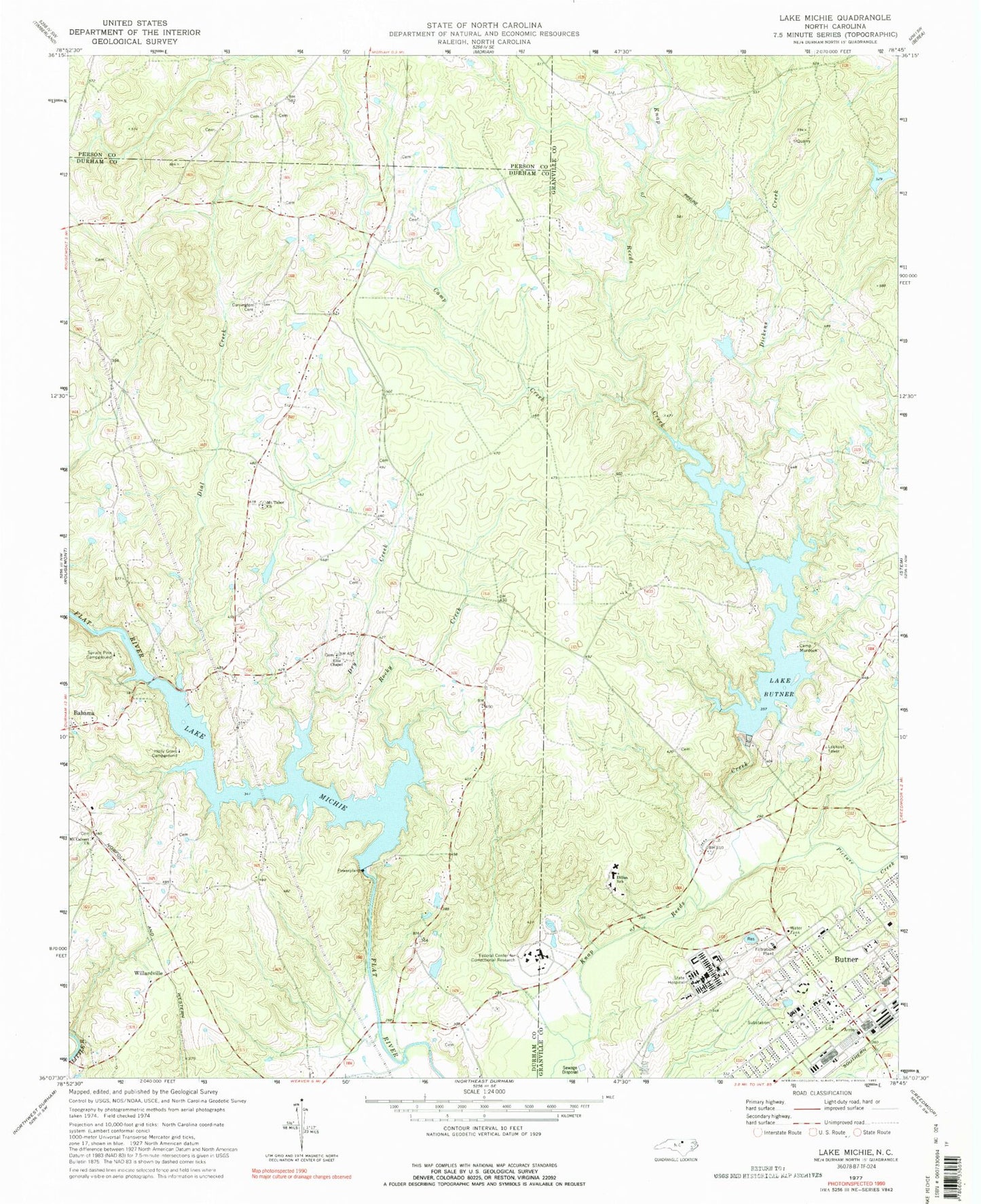Classic USGS Lake Michie North Carolina 7.5'x7.5' Topo Map Image