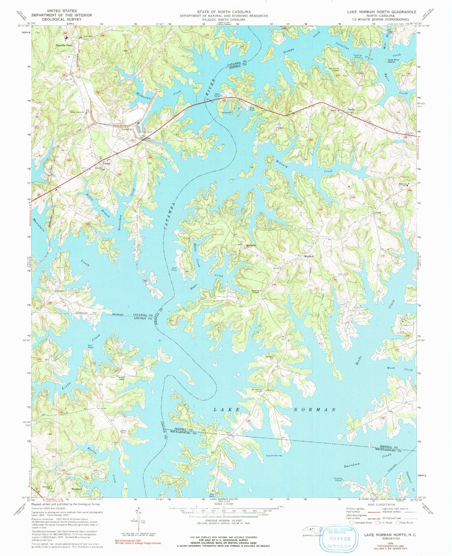 Classic USGS Lake Norman North North Carolina 7.5'x7.5' Topo Map Image
