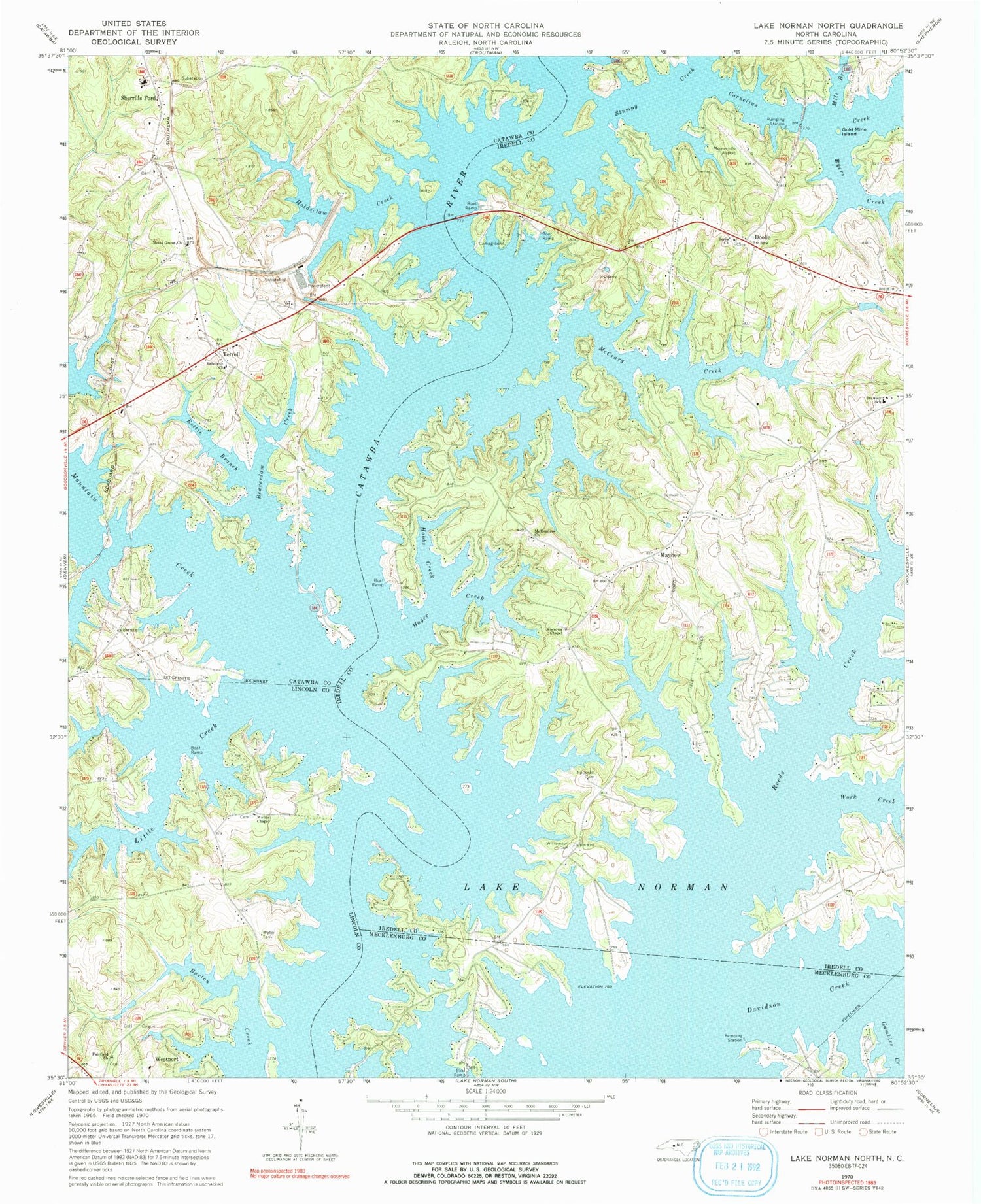 Classic USGS Lake Norman North North Carolina 7.5'x7.5' Topo Map Image