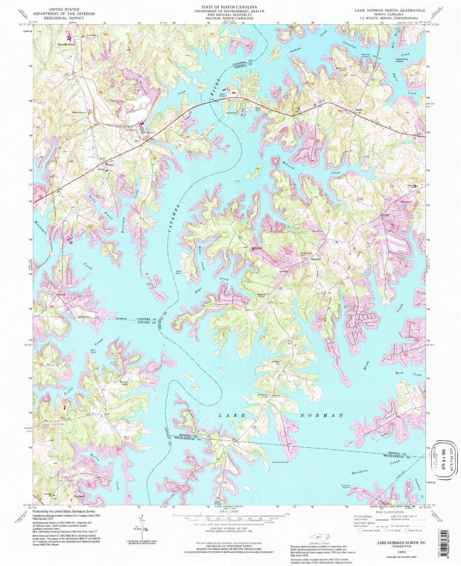 Classic USGS Lake Norman North North Carolina 7.5'x7.5' Topo Map Image