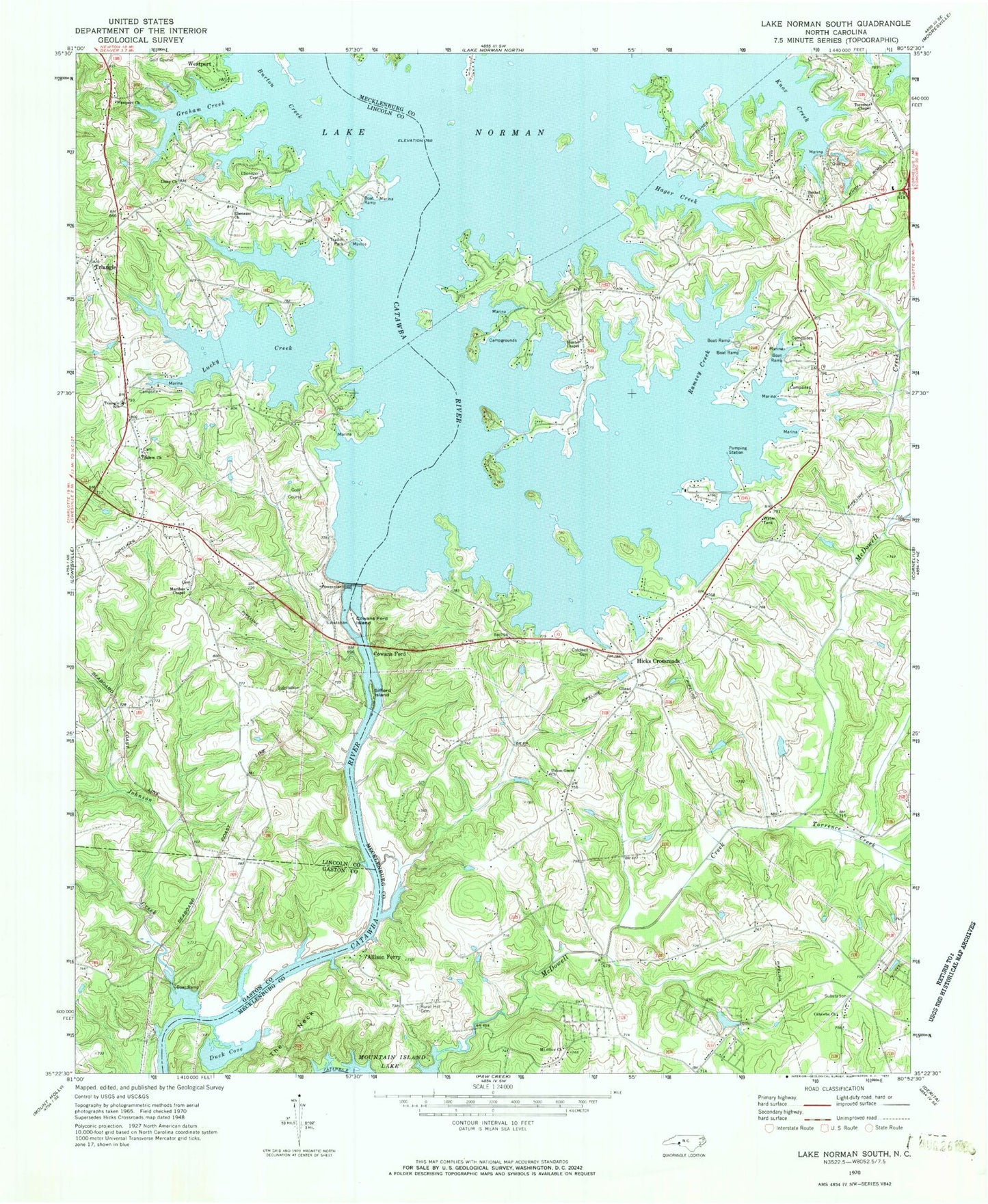 Classic USGS Lake Norman South North Carolina 7.5'x7.5' Topo Map Image