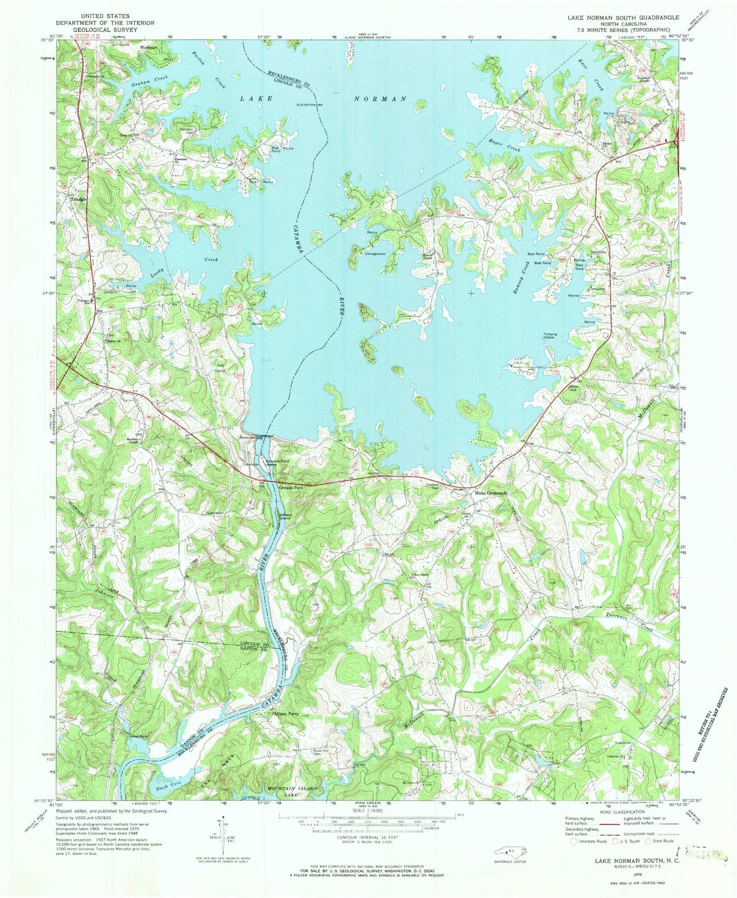 Classic USGS Lake Norman South North Carolina 7.5'x7.5' Topo Map Image