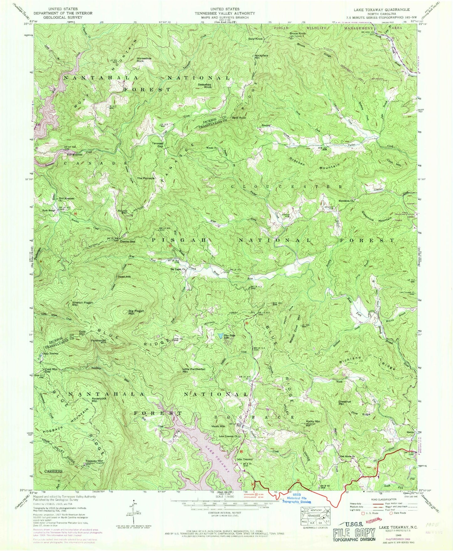 Classic USGS Lake Toxaway North Carolina 7.5'x7.5' Topo Map Image