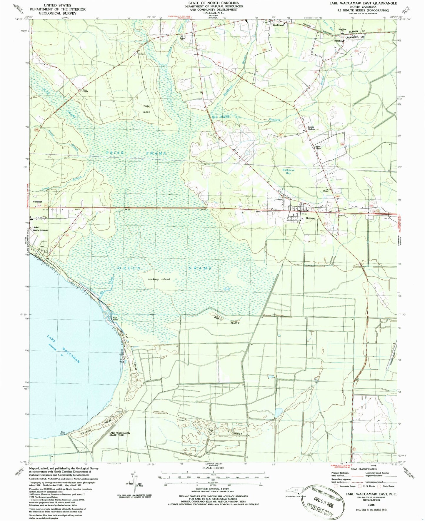 Classic USGS Lake Waccamaw East North Carolina 7.5'x7.5' Topo Map Image