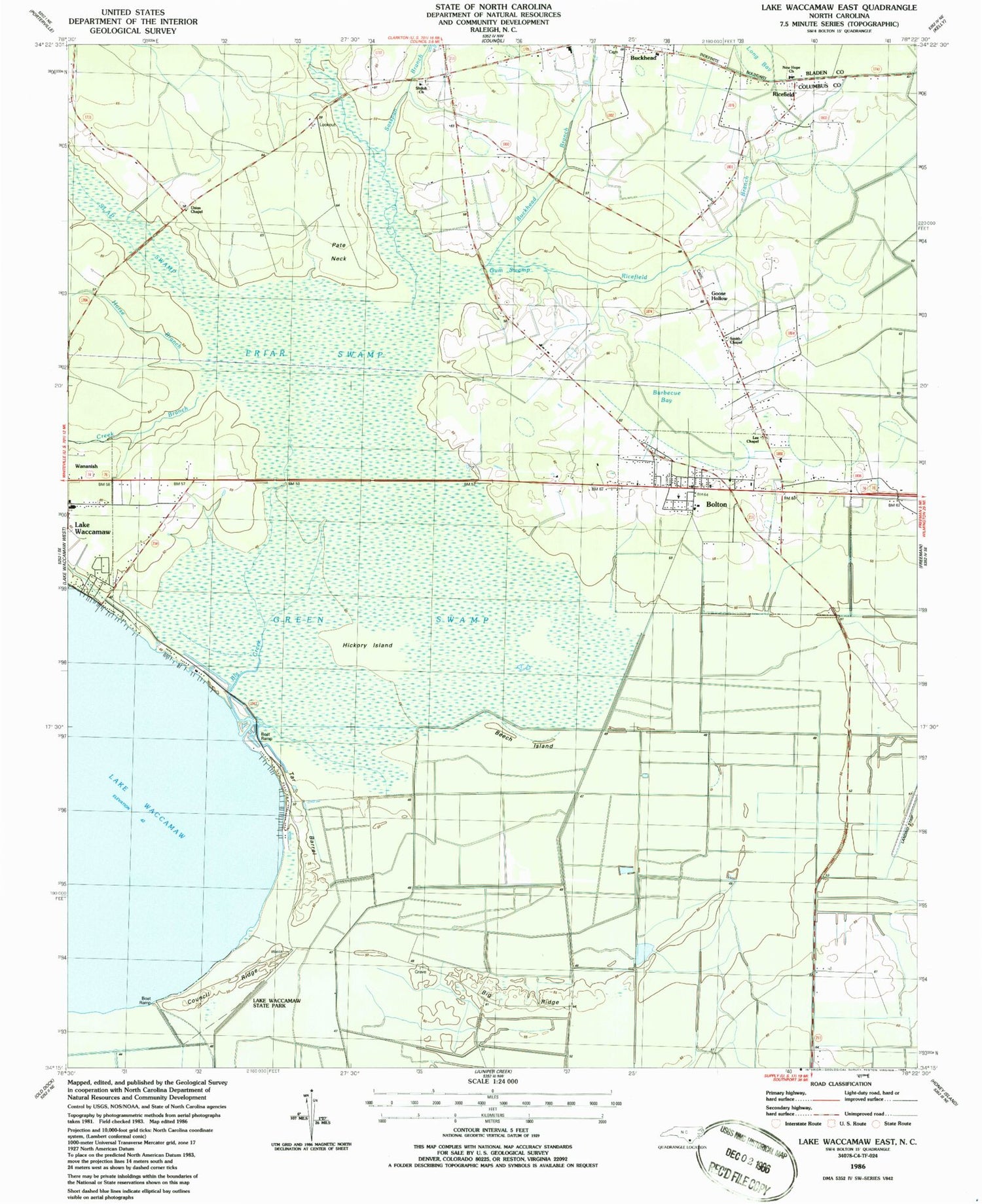 Classic USGS Lake Waccamaw East North Carolina 7.5'x7.5' Topo Map Image